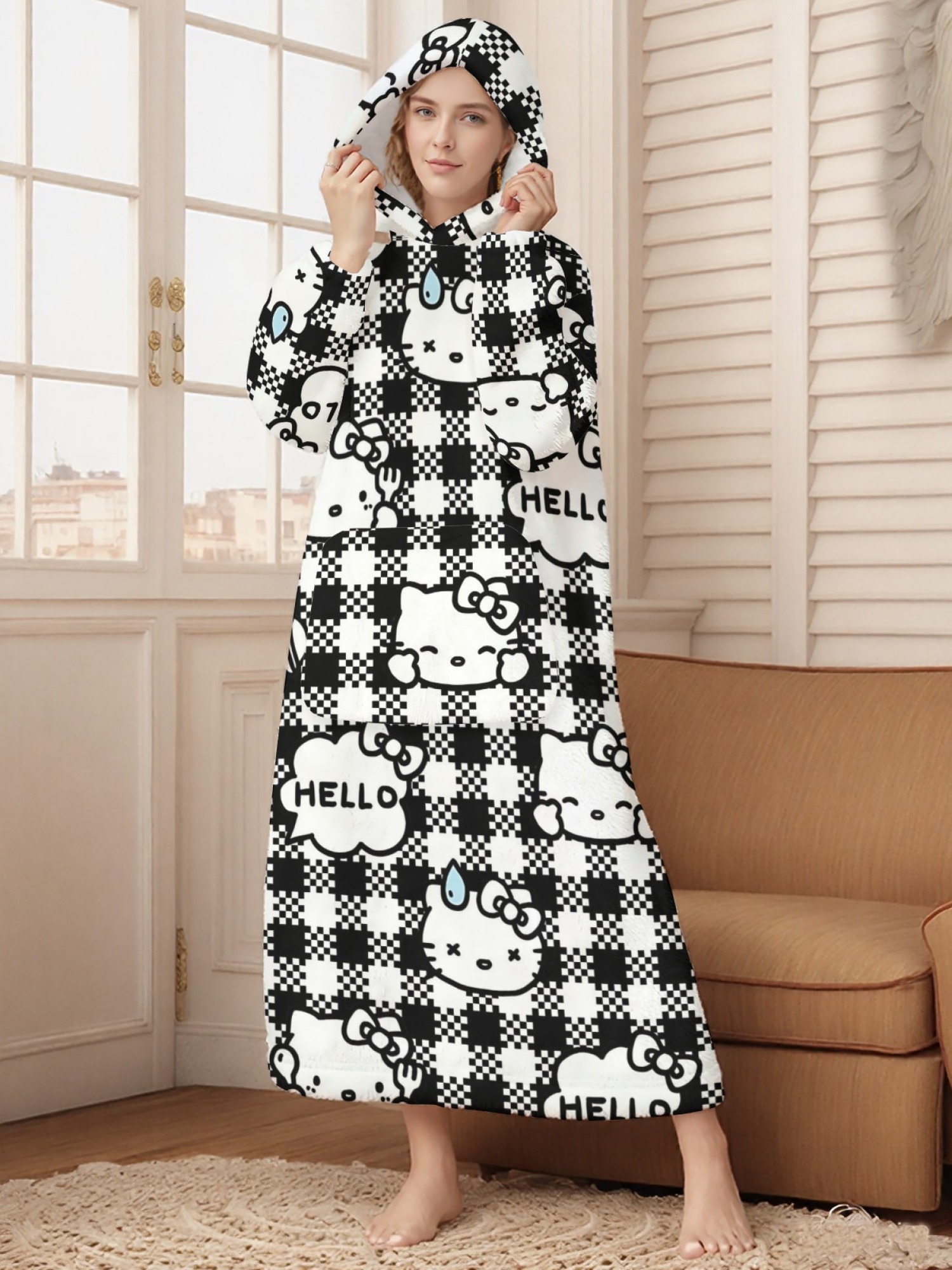 Women's Hello Kitty Themed Flannel Hooded Nightgown - Soft Cozy TV Robe (7 Styles: Yellow Gingham/Red Patchwork/Red Apple/Pink Gingham/Black Check/Pale Pink Gingham/Light Blue Gingham)
