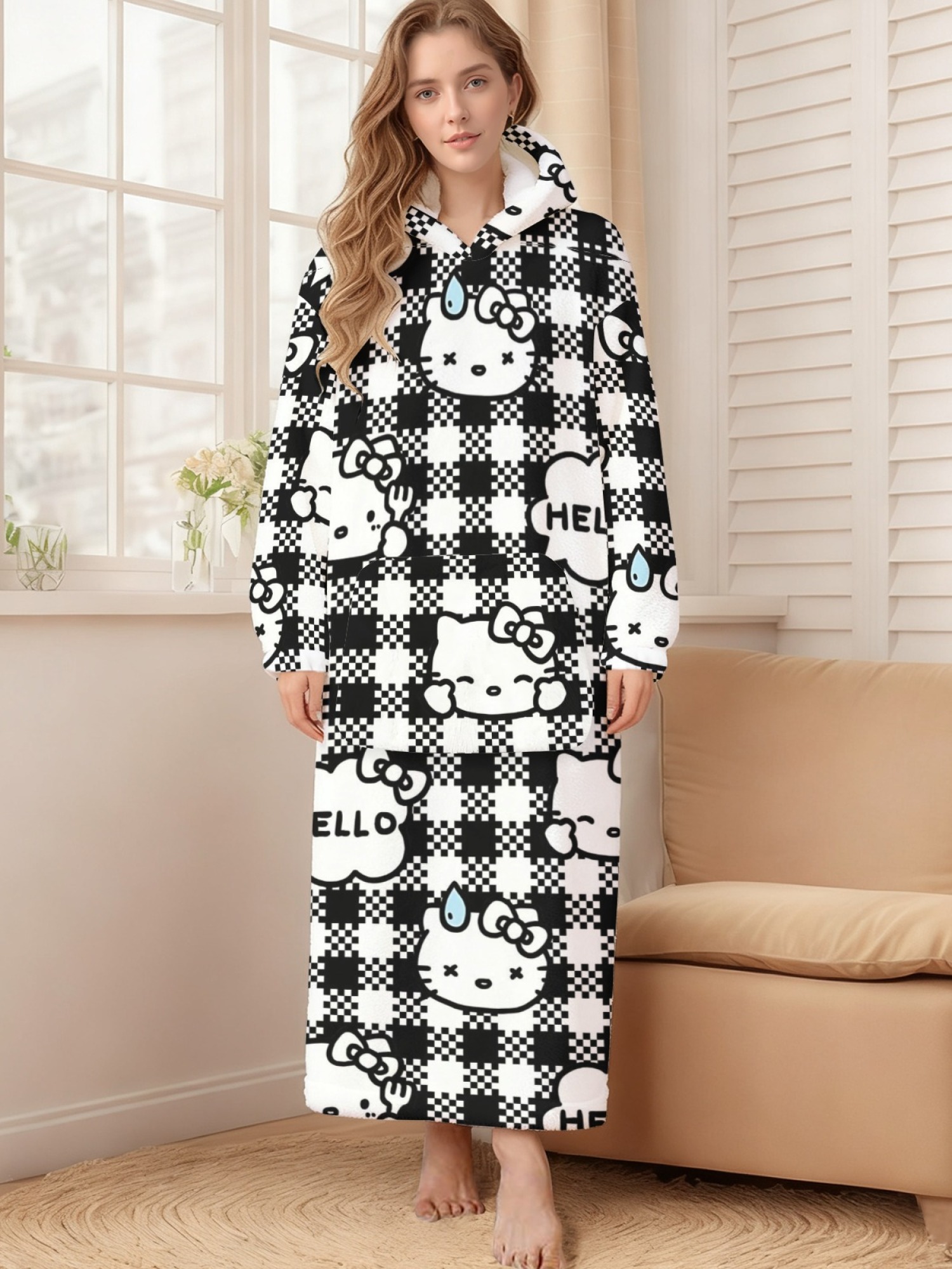 Women's Hello Kitty Themed Flannel Hooded Nightgown - Soft Cozy TV Robe (7 Styles: Yellow Gingham/Red Patchwork/Red Apple/Pink Gingham/Black Check/Pale Pink Gingham/Light Blue Gingham)