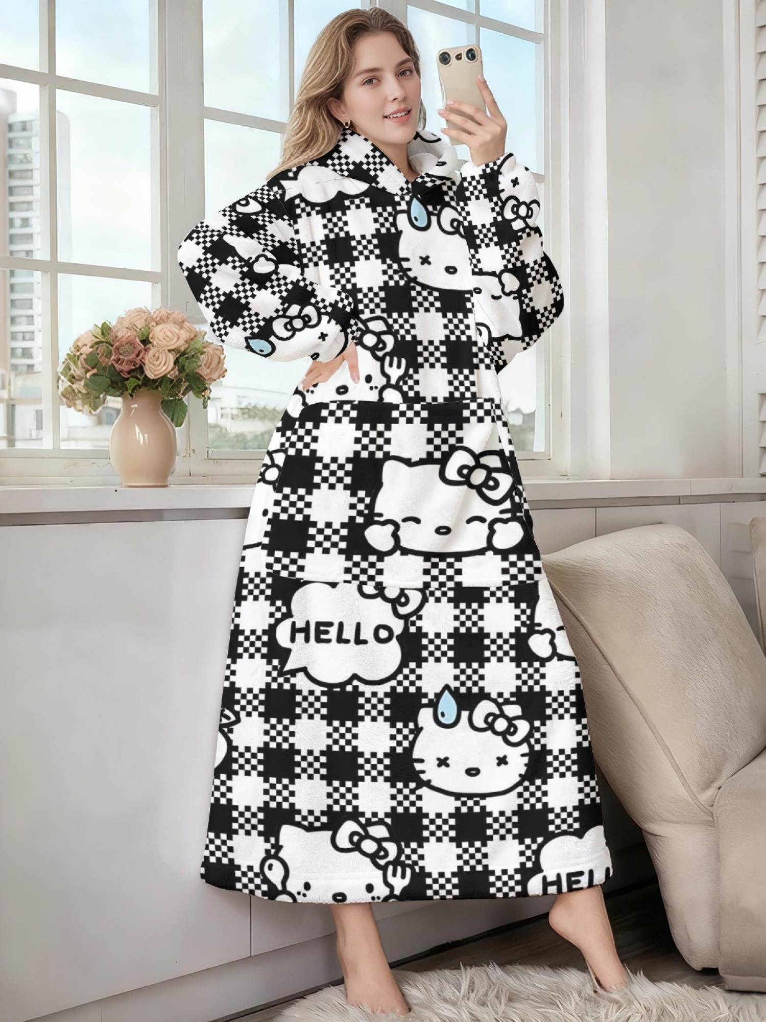 Women's Hello Kitty Themed Flannel Hooded Nightgown - Soft Cozy TV Robe (7 Styles: Yellow Gingham/Red Patchwork/Red Apple/Pink Gingham/Black Check/Pale Pink Gingham/Light Blue Gingham)