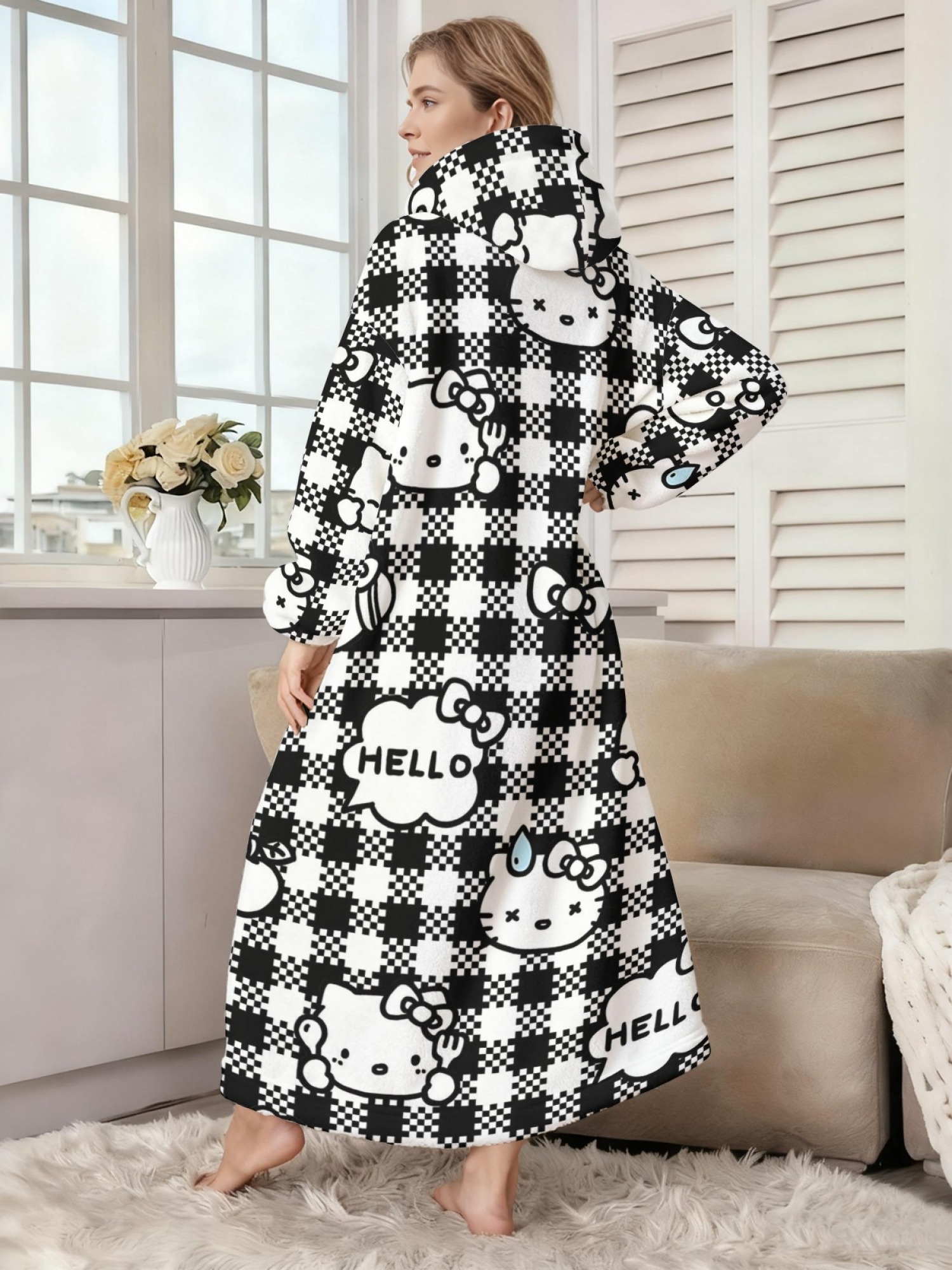 Women's Hello Kitty Themed Flannel Hooded Nightgown - Soft Cozy TV Robe (7 Styles: Yellow Gingham/Red Patchwork/Red Apple/Pink Gingham/Black Check/Pale Pink Gingham/Light Blue Gingham)