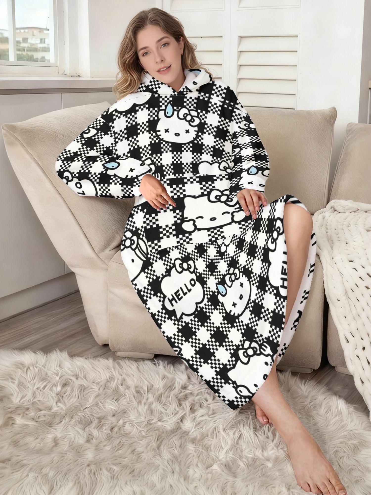 Women's Hello Kitty Themed Flannel Hooded Nightgown - Soft Cozy TV Robe (7 Styles: Yellow Gingham/Red Patchwork/Red Apple/Pink Gingham/Black Check/Pale Pink Gingham/Light Blue Gingham)