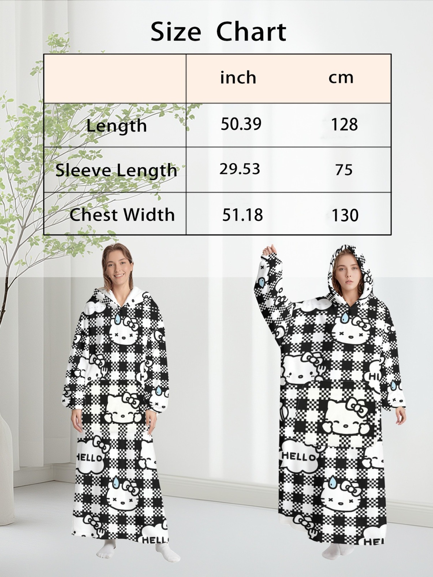 Women's Hello Kitty Themed Flannel Hooded Nightgown - Soft Cozy TV Robe (7 Styles: Yellow Gingham/Red Patchwork/Red Apple/Pink Gingham/Black Check/Pale Pink Gingham/Light Blue Gingham)