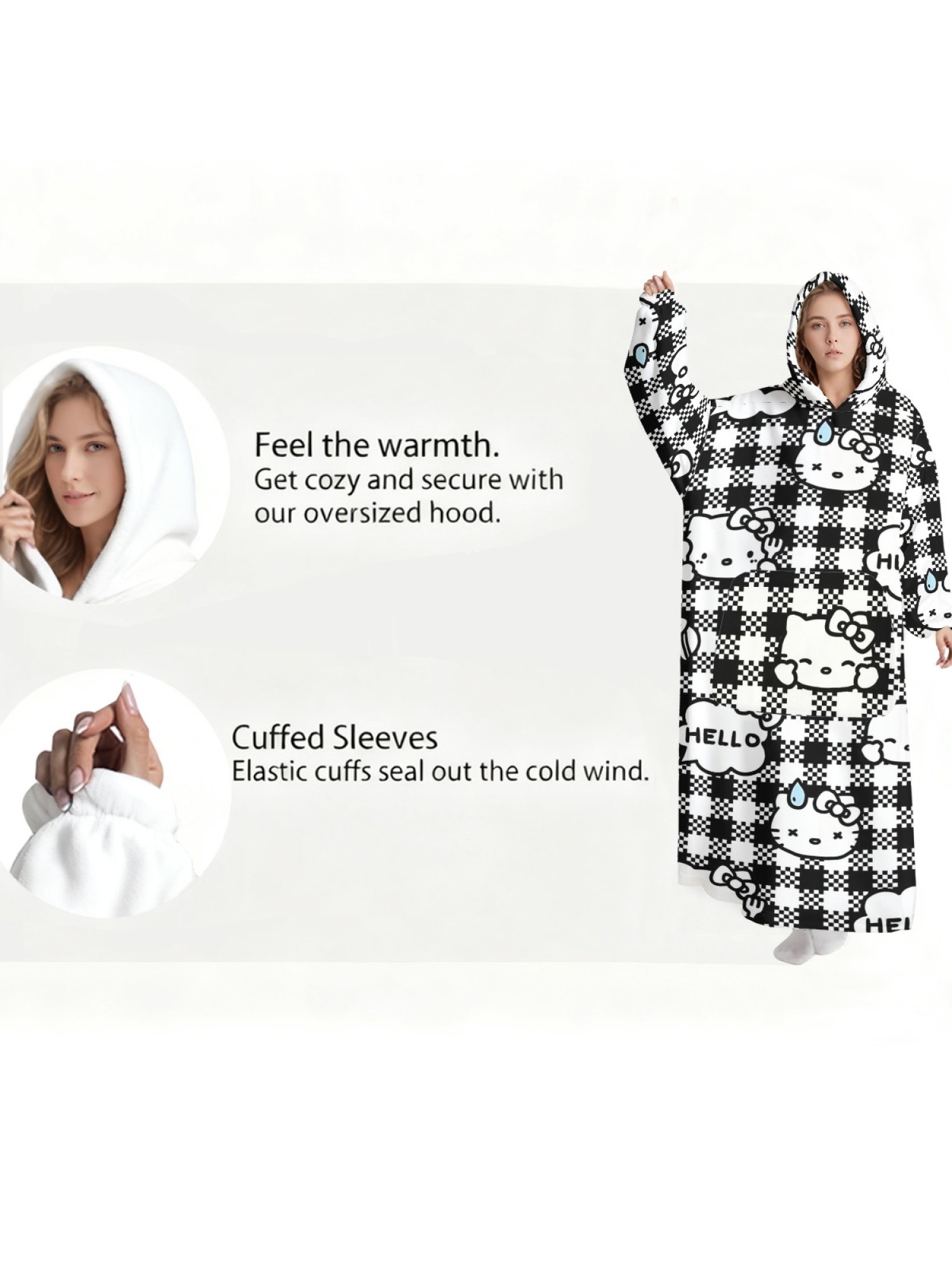 Women's Hello Kitty Themed Flannel Hooded Nightgown - Soft Cozy TV Robe (7 Styles: Yellow Gingham/Red Patchwork/Red Apple/Pink Gingham/Black Check/Pale Pink Gingham/Light Blue Gingham)