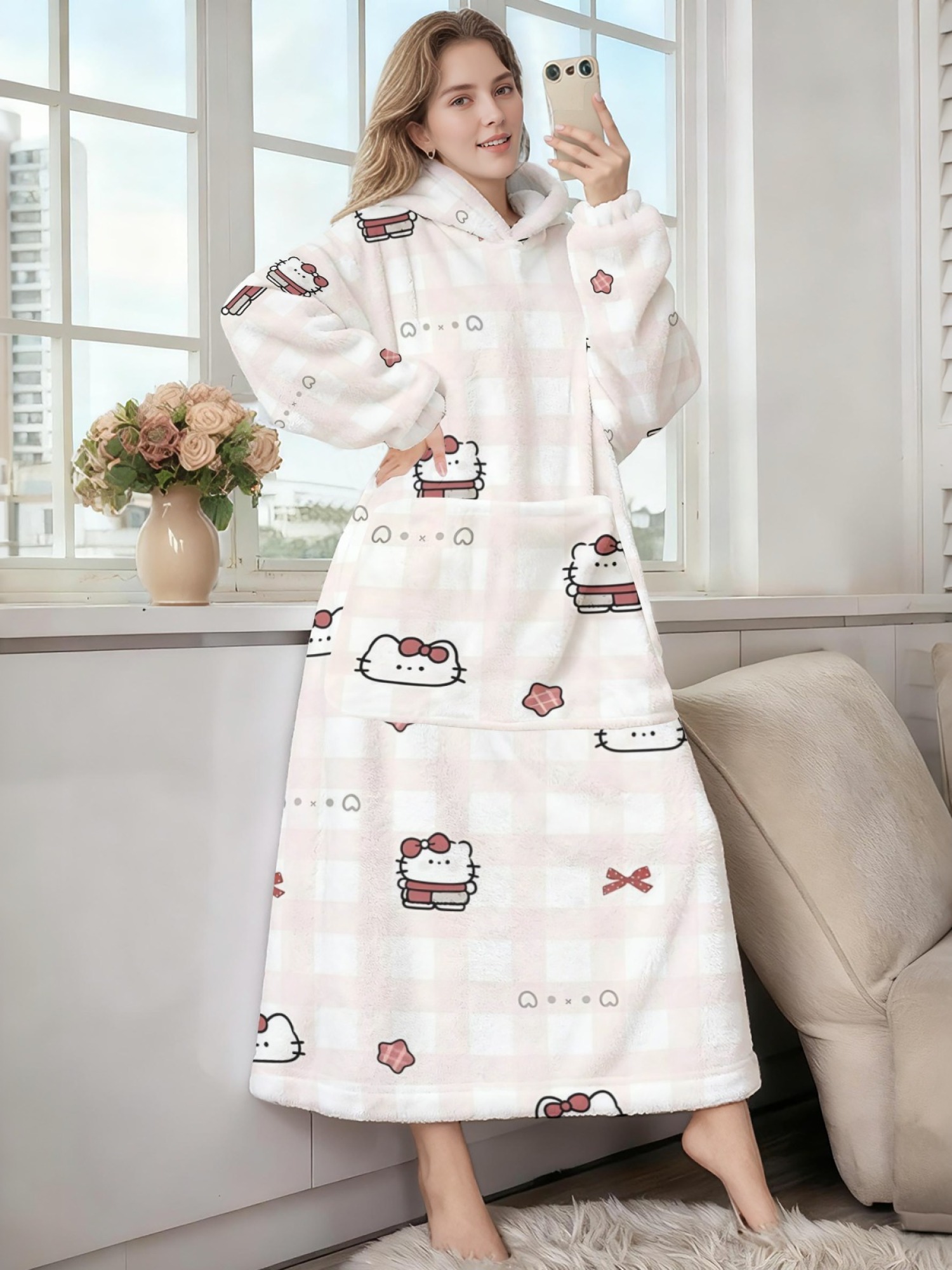 Women's Hello Kitty Themed Flannel Hooded Nightgown - Soft Cozy TV Robe (7 Styles: Yellow Gingham/Red Patchwork/Red Apple/Pink Gingham/Black Check/Pale Pink Gingham/Light Blue Gingham)