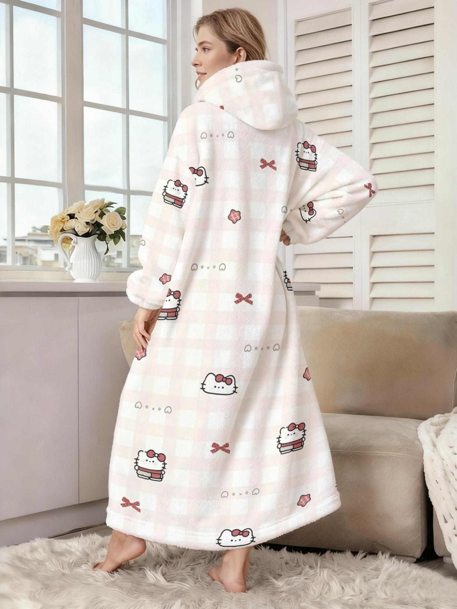 Women's Hello Kitty Themed Flannel Hooded Nightgown - Soft Cozy TV Robe (7 Styles: Yellow Gingham/Red Patchwork/Red Apple/Pink Gingham/Black Check/Pale Pink Gingham/Light Blue Gingham)