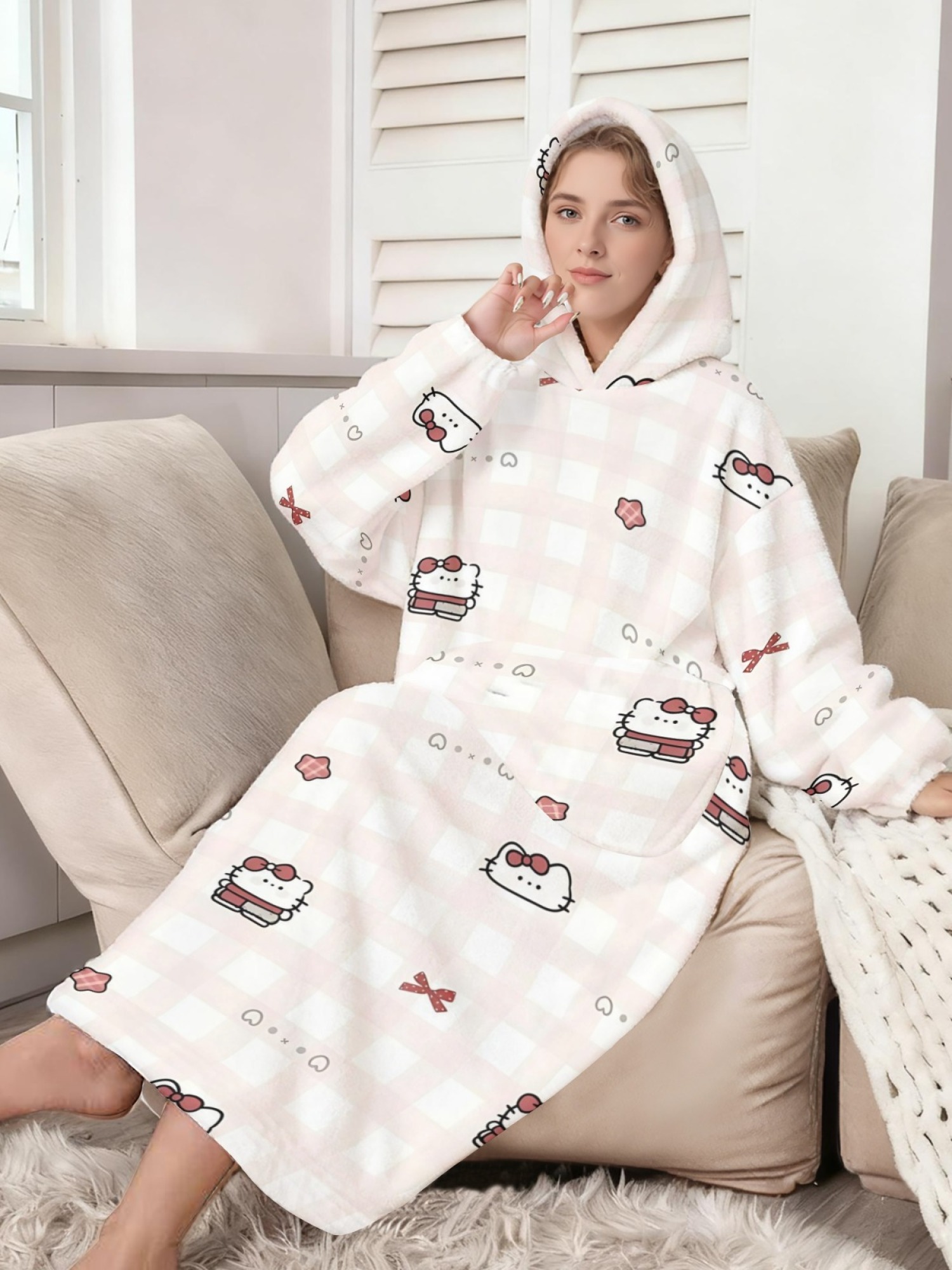 Women's Hello Kitty Themed Flannel Hooded Nightgown - Soft Cozy TV Robe (7 Styles: Yellow Gingham/Red Patchwork/Red Apple/Pink Gingham/Black Check/Pale Pink Gingham/Light Blue Gingham)