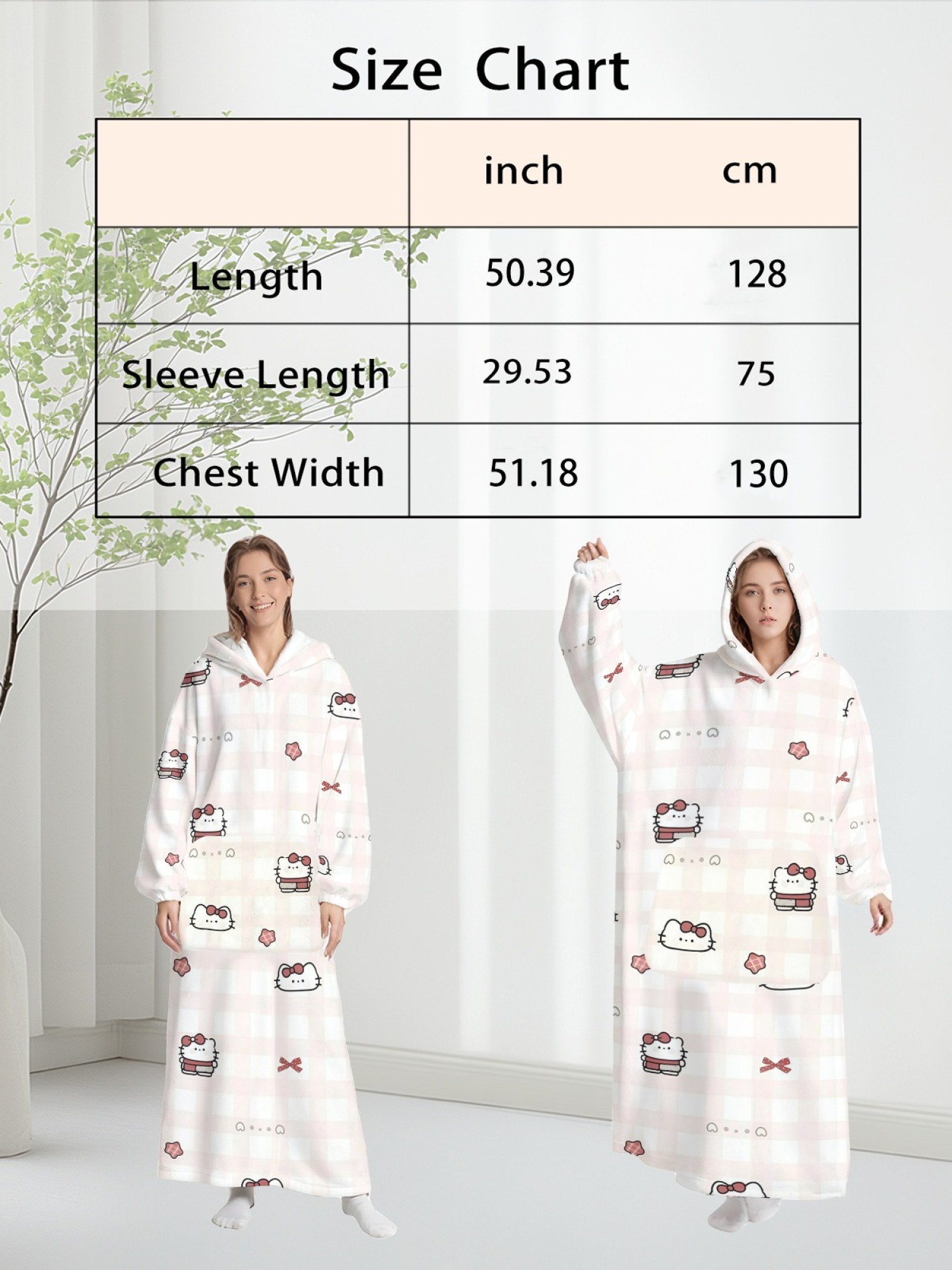 Women's Hello Kitty Themed Flannel Hooded Nightgown - Soft Cozy TV Robe (7 Styles: Yellow Gingham/Red Patchwork/Red Apple/Pink Gingham/Black Check/Pale Pink Gingham/Light Blue Gingham)