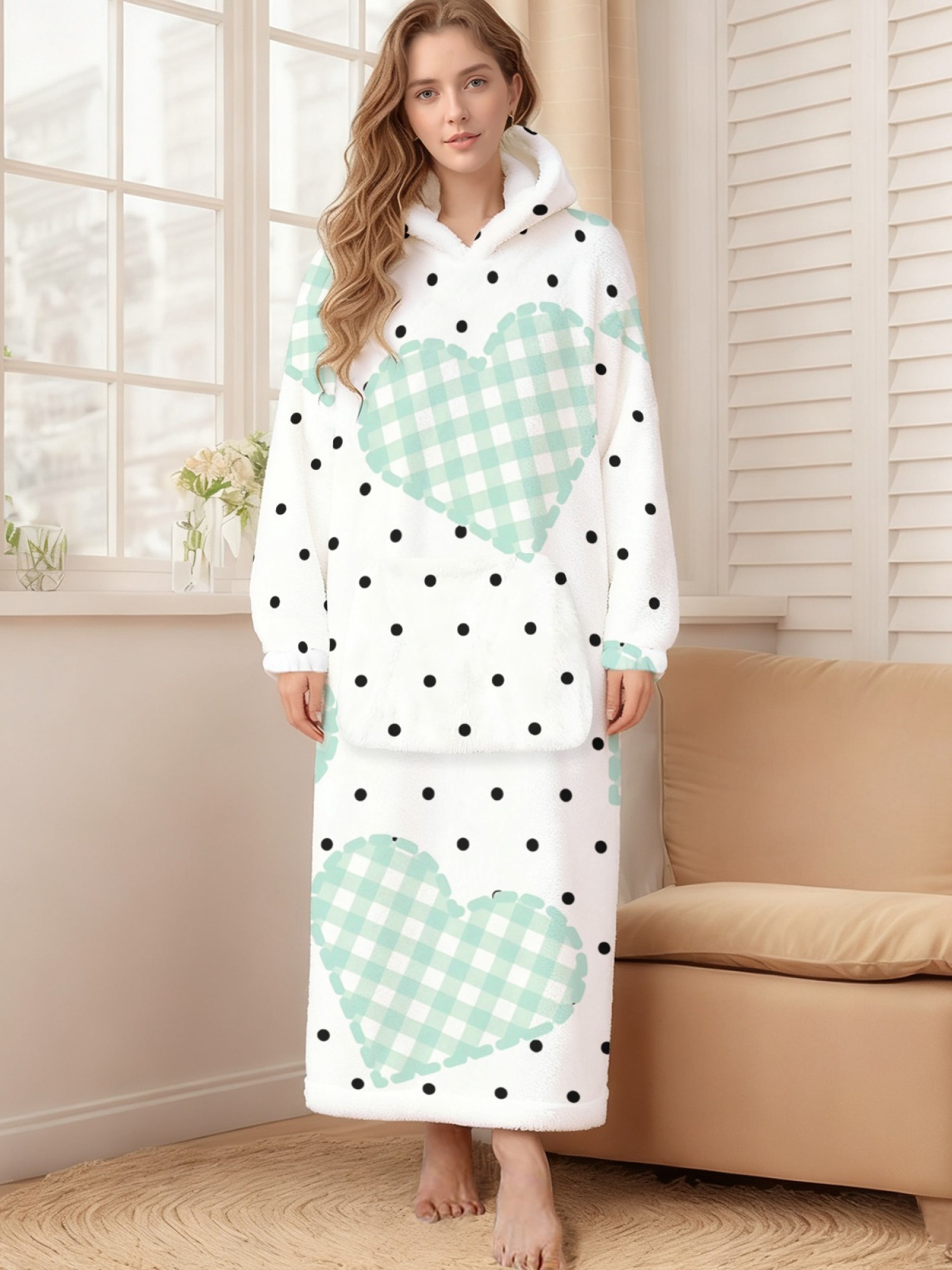 Women's Star/Heart/Butterfly Printed Flannel Hooded Nightgown - Soft Cozy TV Robe (3 Styles: Navy Star/Mint Heart/Blue Butterfly)