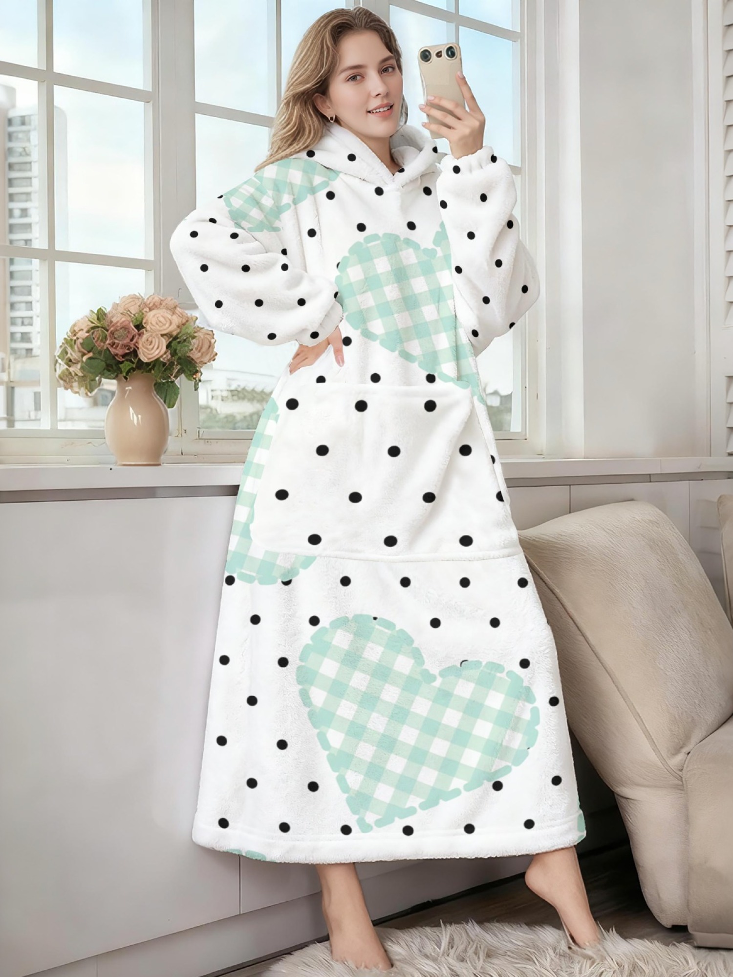 Women's Star/Heart/Butterfly Printed Flannel Hooded Nightgown - Soft Cozy TV Robe (3 Styles: Navy Star/Mint Heart/Blue Butterfly)