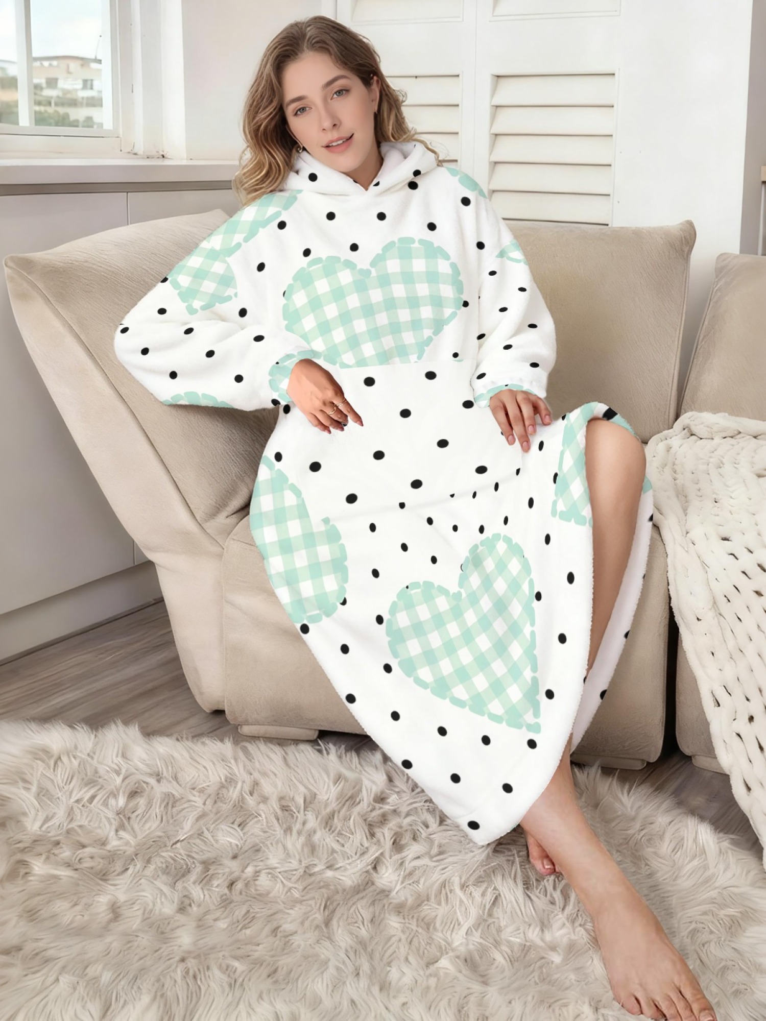 Women's Star/Heart/Butterfly Printed Flannel Hooded Nightgown - Soft Cozy TV Robe (3 Styles: Navy Star/Mint Heart/Blue Butterfly)