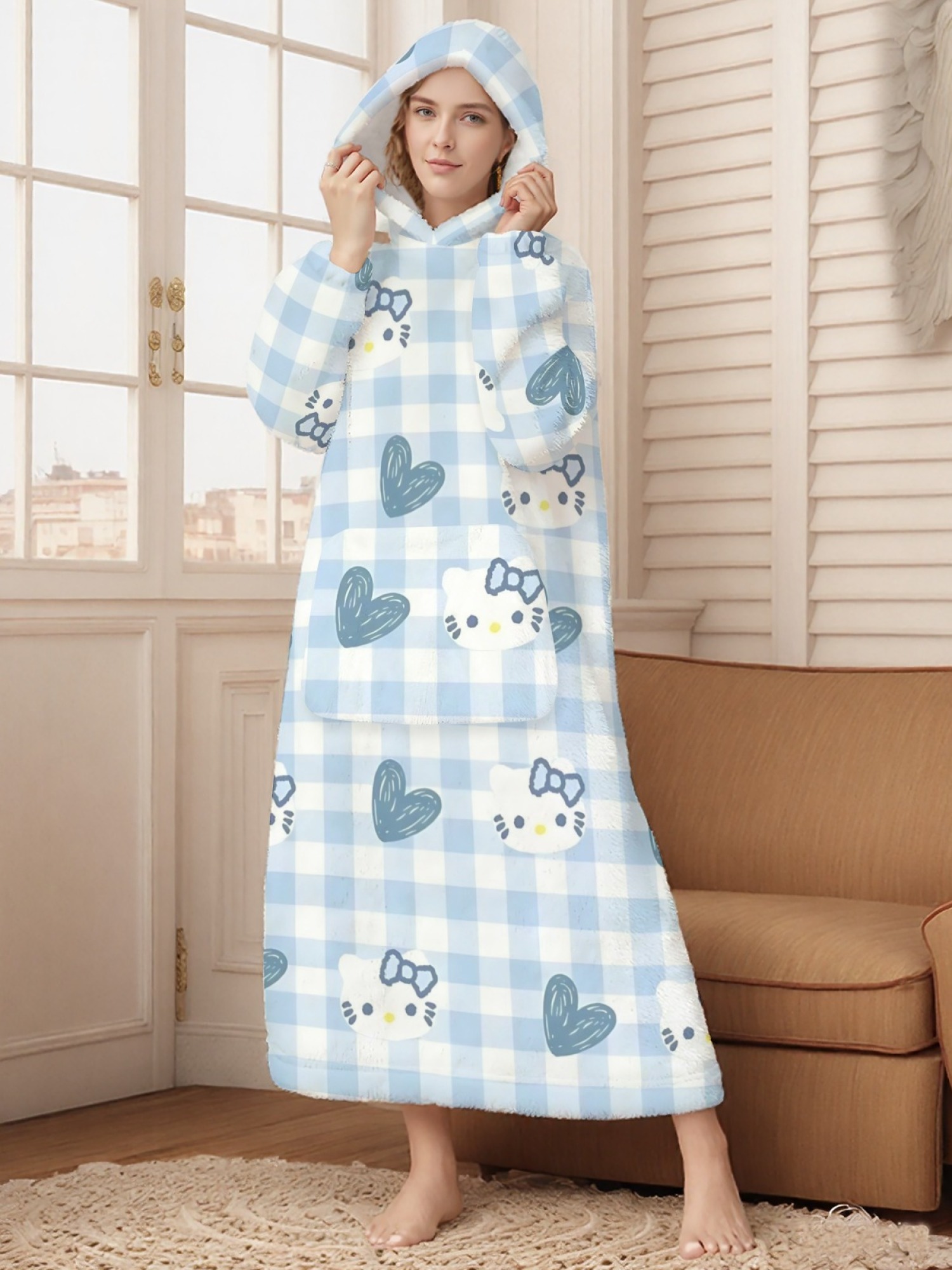 Women's Hello Kitty Themed Flannel Hooded Nightgown - Soft Cozy TV Robe (7 Styles: Yellow Gingham/Red Patchwork/Red Apple/Pink Gingham/Black Check/Pale Pink Gingham/Light Blue Gingham)