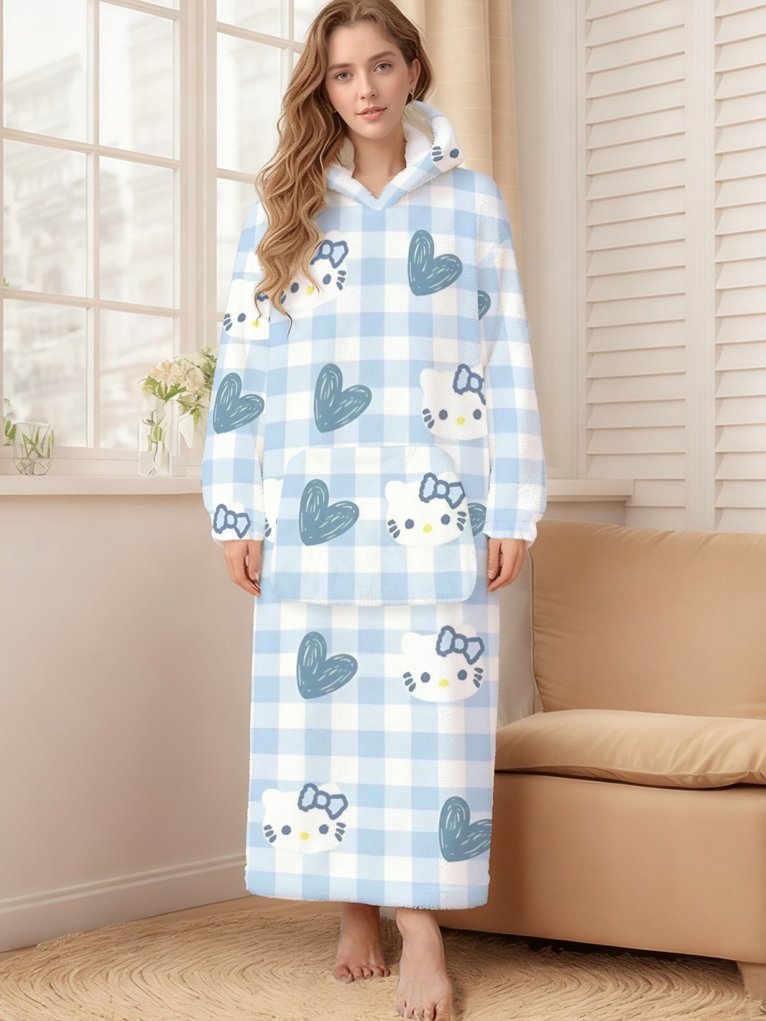 Women's Hello Kitty Themed Flannel Hooded Nightgown - Soft Cozy TV Robe (7 Styles: Yellow Gingham/Red Patchwork/Red Apple/Pink Gingham/Black Check/Pale Pink Gingham/Light Blue Gingham)
