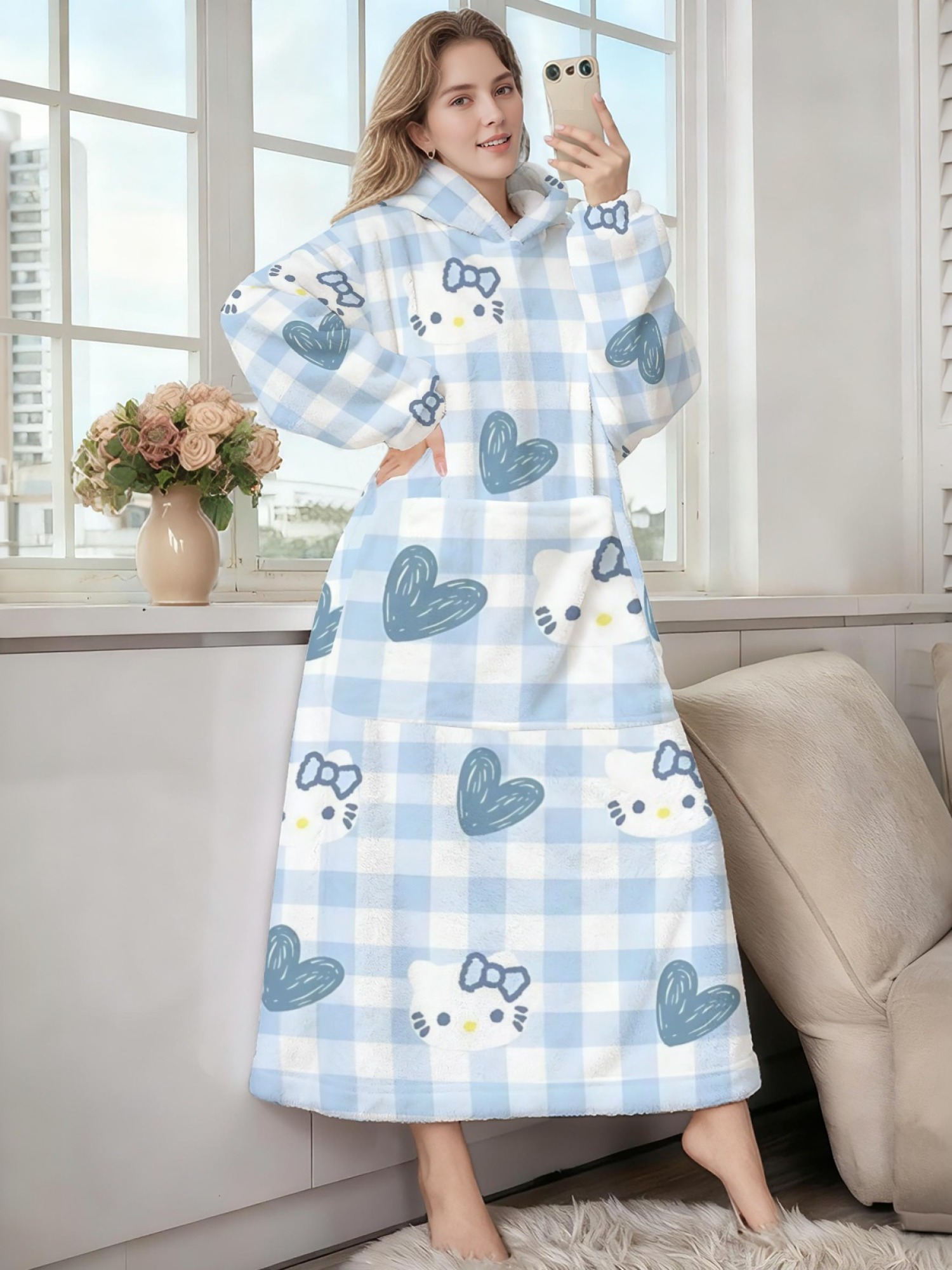 Women's Hello Kitty Themed Flannel Hooded Nightgown - Soft Cozy TV Robe (7 Styles: Yellow Gingham/Red Patchwork/Red Apple/Pink Gingham/Black Check/Pale Pink Gingham/Light Blue Gingham)
