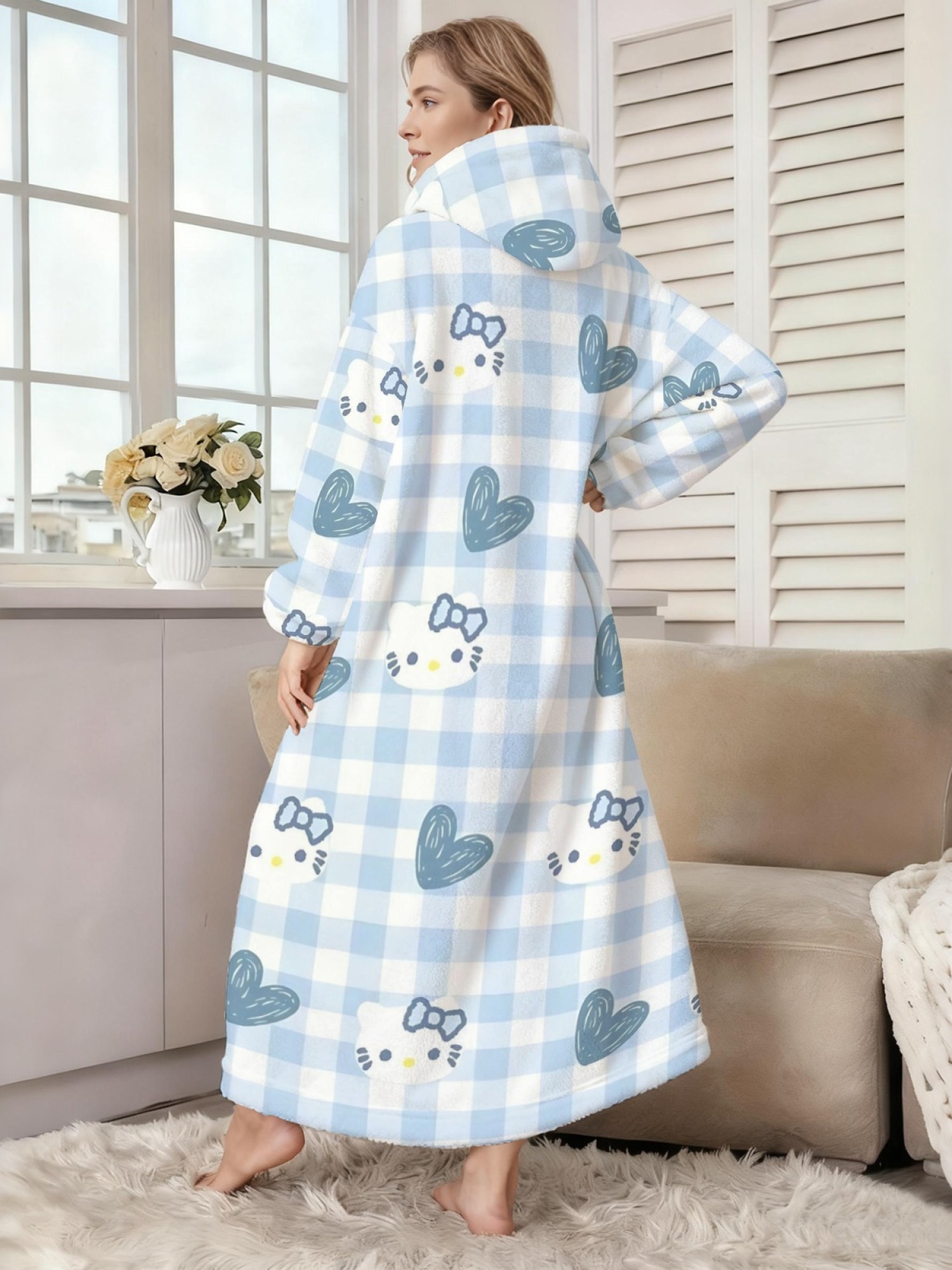 Women's Hello Kitty Themed Flannel Hooded Nightgown - Soft Cozy TV Robe (7 Styles: Yellow Gingham/Red Patchwork/Red Apple/Pink Gingham/Black Check/Pale Pink Gingham/Light Blue Gingham)