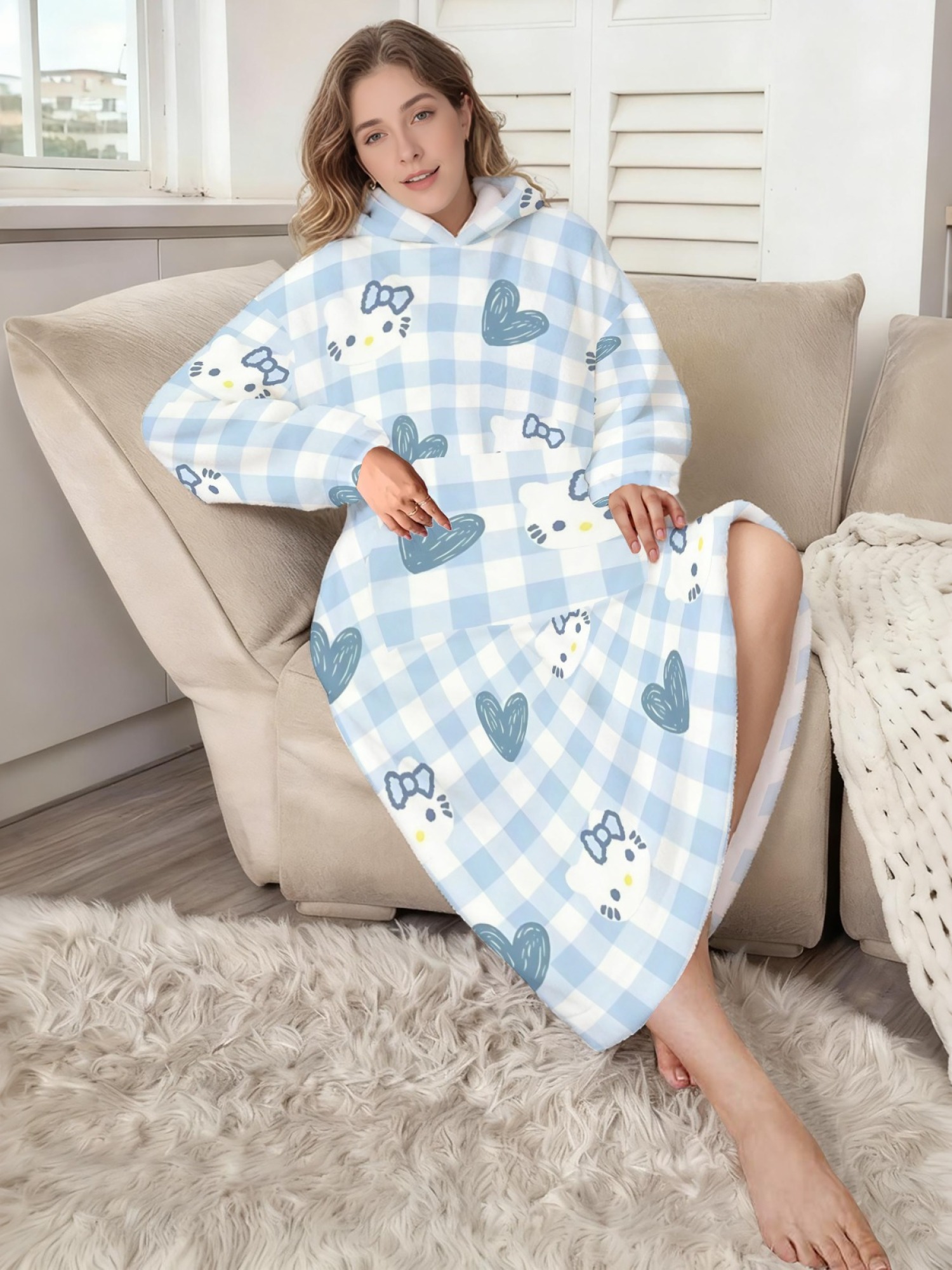 Women's Hello Kitty Themed Flannel Hooded Nightgown - Soft Cozy TV Robe (7 Styles: Yellow Gingham/Red Patchwork/Red Apple/Pink Gingham/Black Check/Pale Pink Gingham/Light Blue Gingham)