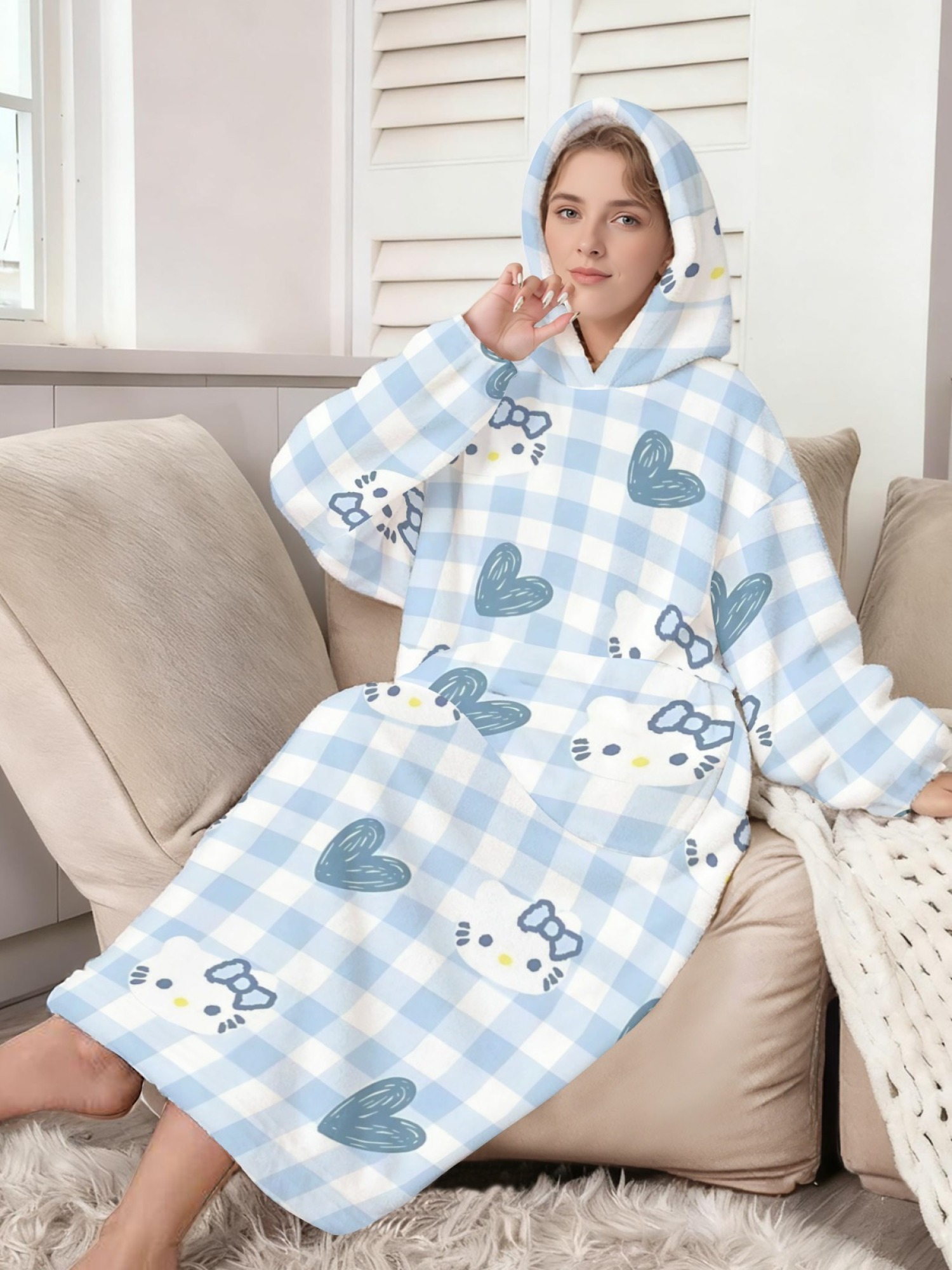 Women's Hello Kitty Themed Flannel Hooded Nightgown - Soft Cozy TV Robe (7 Styles: Yellow Gingham/Red Patchwork/Red Apple/Pink Gingham/Black Check/Pale Pink Gingham/Light Blue Gingham)