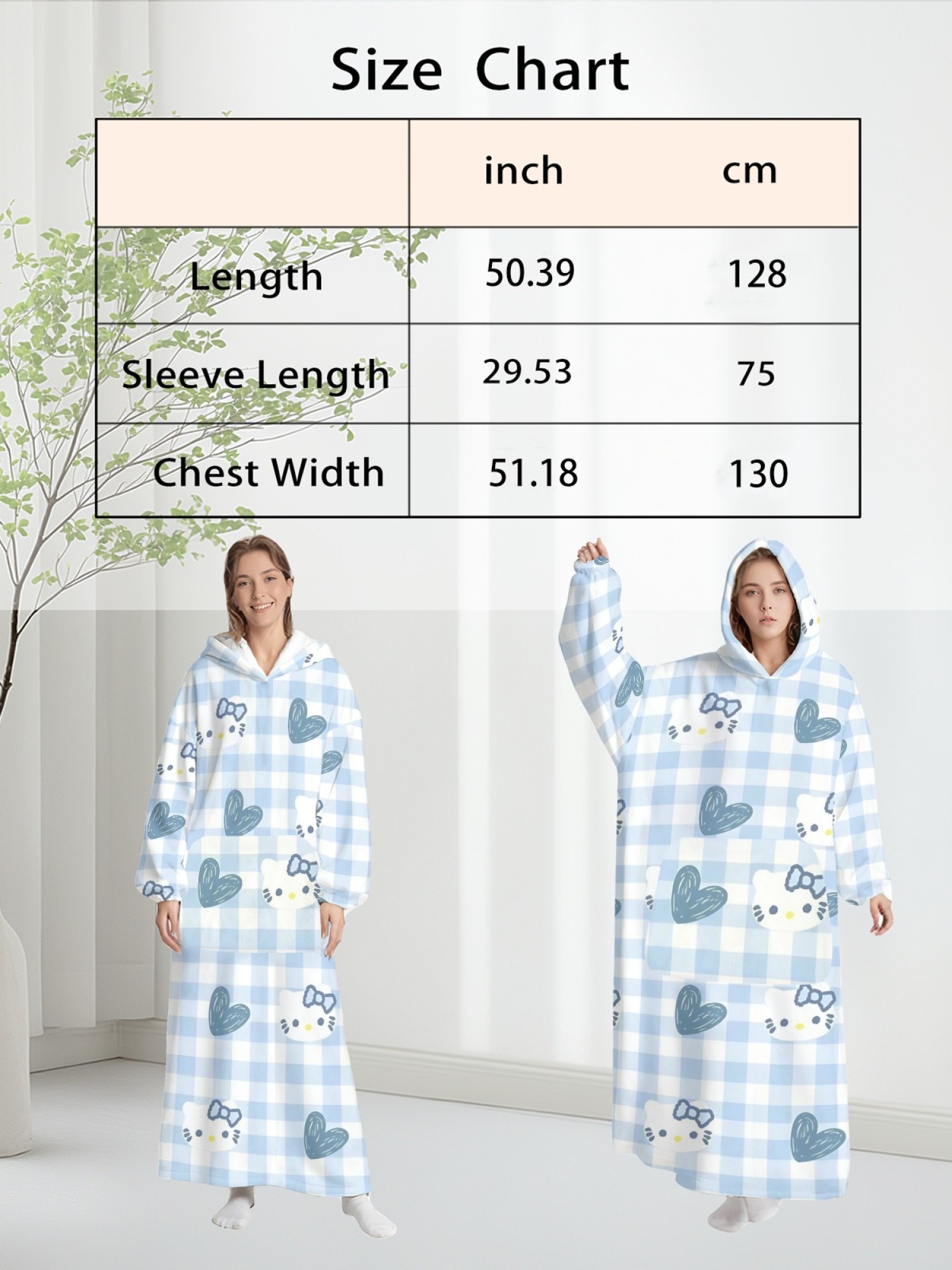 Women's Hello Kitty Themed Flannel Hooded Nightgown - Soft Cozy TV Robe (7 Styles: Yellow Gingham/Red Patchwork/Red Apple/Pink Gingham/Black Check/Pale Pink Gingham/Light Blue Gingham)