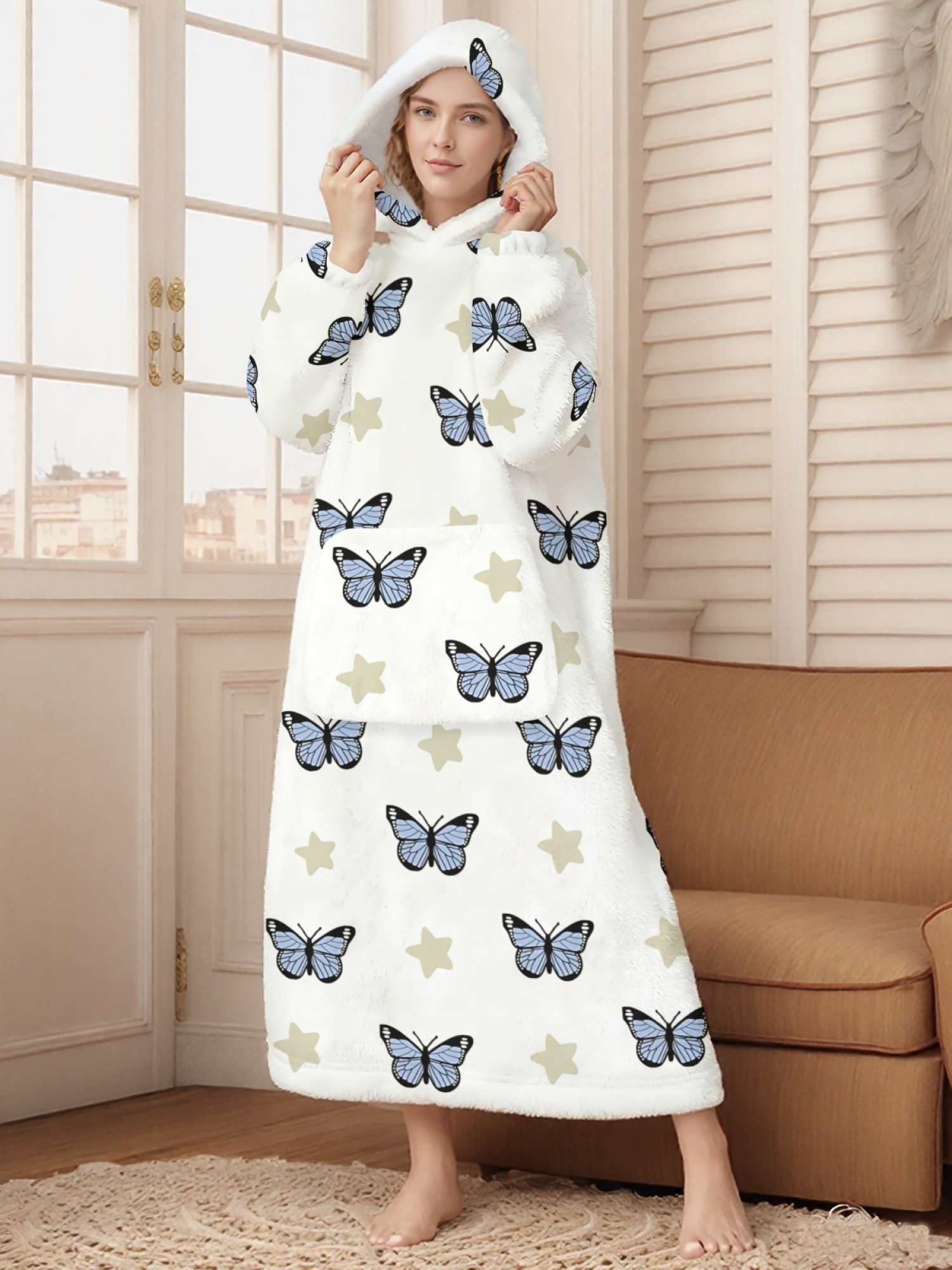 Women's Star/Heart/Butterfly Printed Flannel Hooded Nightgown - Soft Cozy TV Robe (3 Styles: Navy Star/Mint Heart/Blue Butterfly)