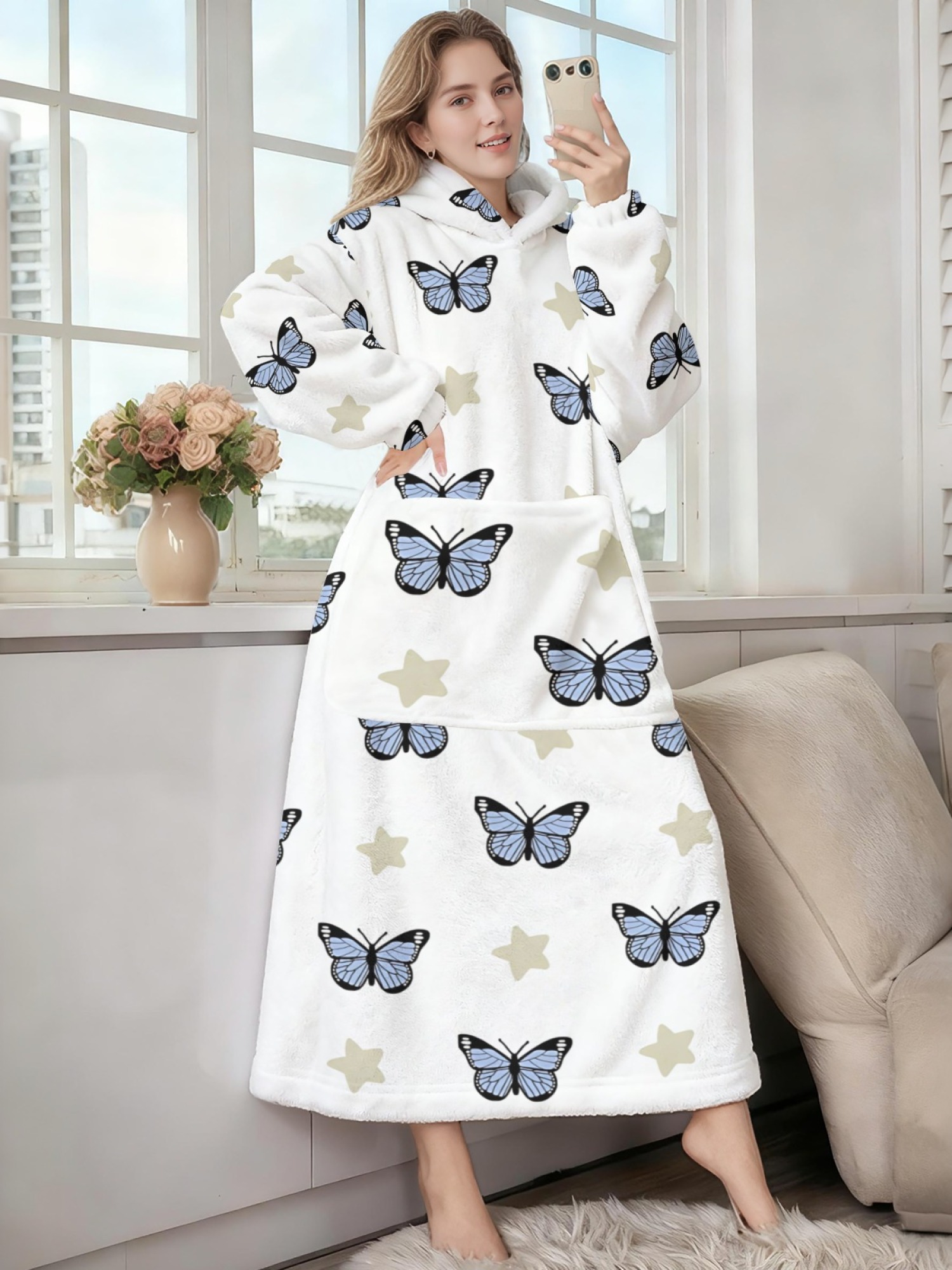 Women's Star/Heart/Butterfly Printed Flannel Hooded Nightgown - Soft Cozy TV Robe (3 Styles: Navy Star/Mint Heart/Blue Butterfly)