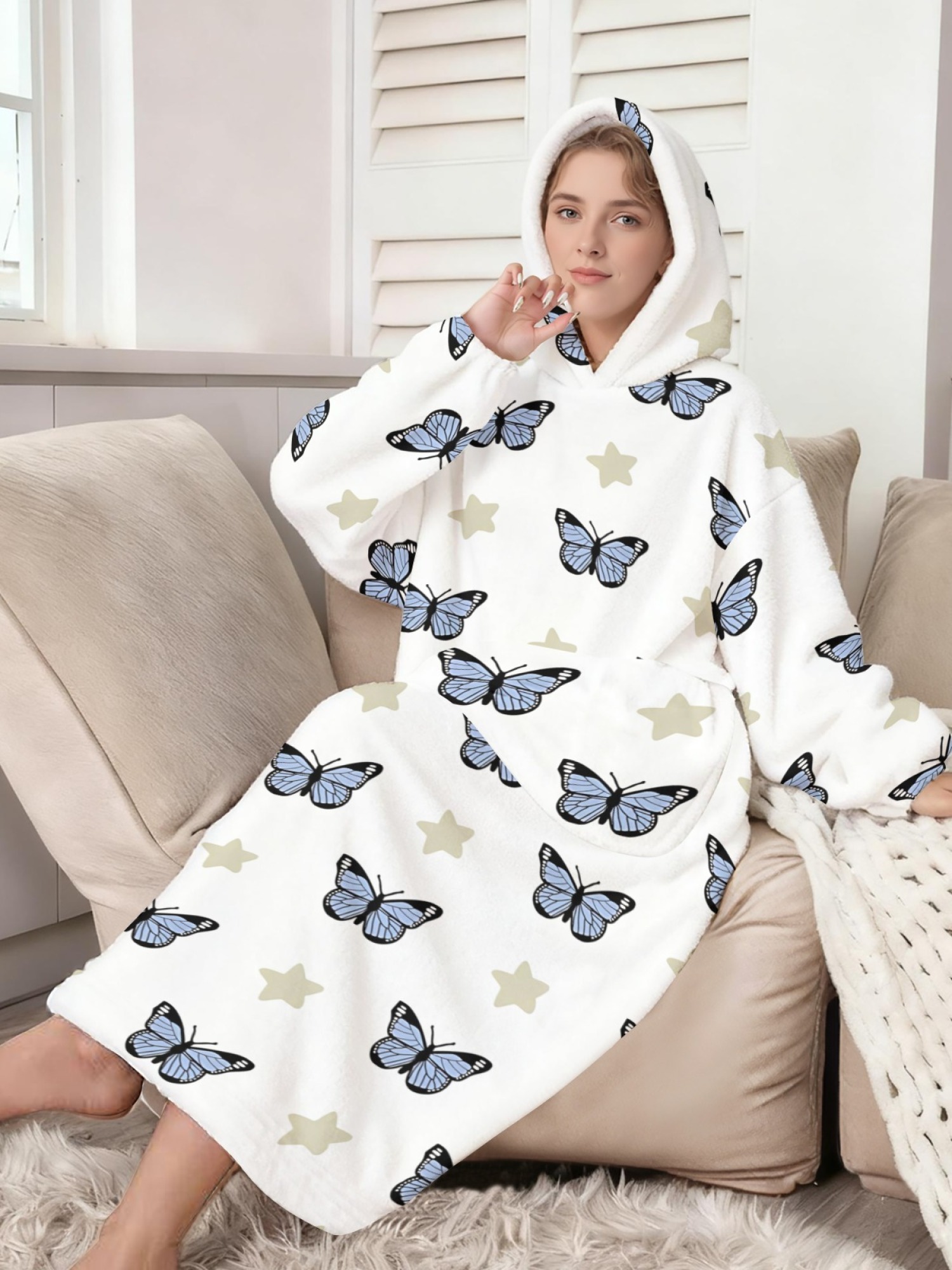 Women's Star/Heart/Butterfly Printed Flannel Hooded Nightgown - Soft Cozy TV Robe (3 Styles: Navy Star/Mint Heart/Blue Butterfly)