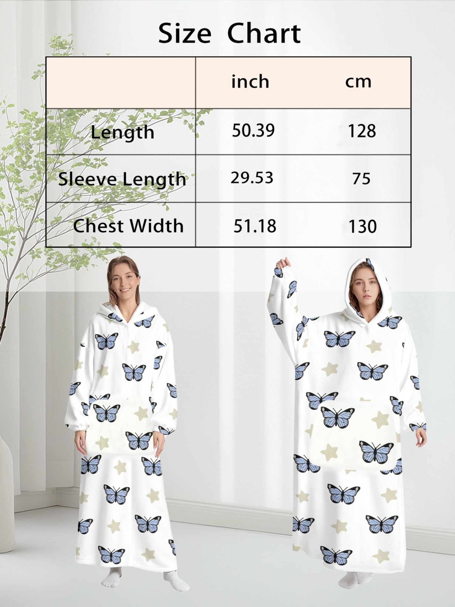 Women's Star/Heart/Butterfly Printed Flannel Hooded Nightgown - Soft Cozy TV Robe (3 Styles: Navy Star/Mint Heart/Blue Butterfly)