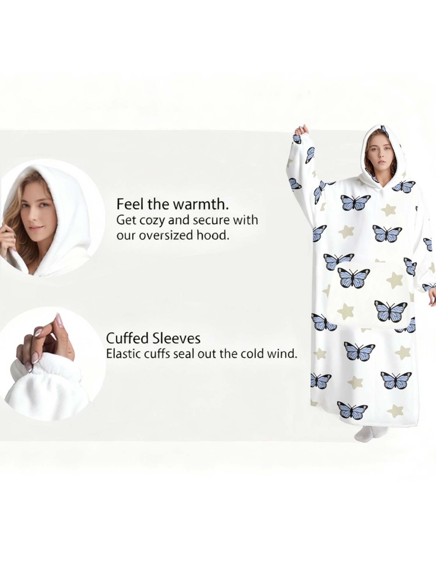 Women's Star/Heart/Butterfly Printed Flannel Hooded Nightgown - Soft Cozy TV Robe (3 Styles: Navy Star/Mint Heart/Blue Butterfly)