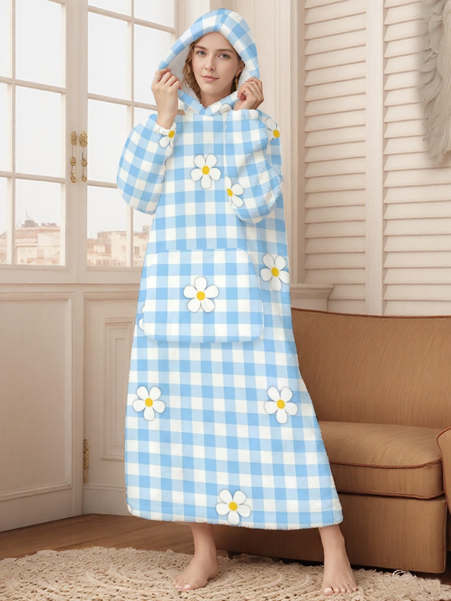Women's Pastel Blue Floral & Daisy Plaid Printed Flannel Hooded Nightgown - Soft Cozy TV Robe (2 Styles: Blue Flower/Daisy Plaid)