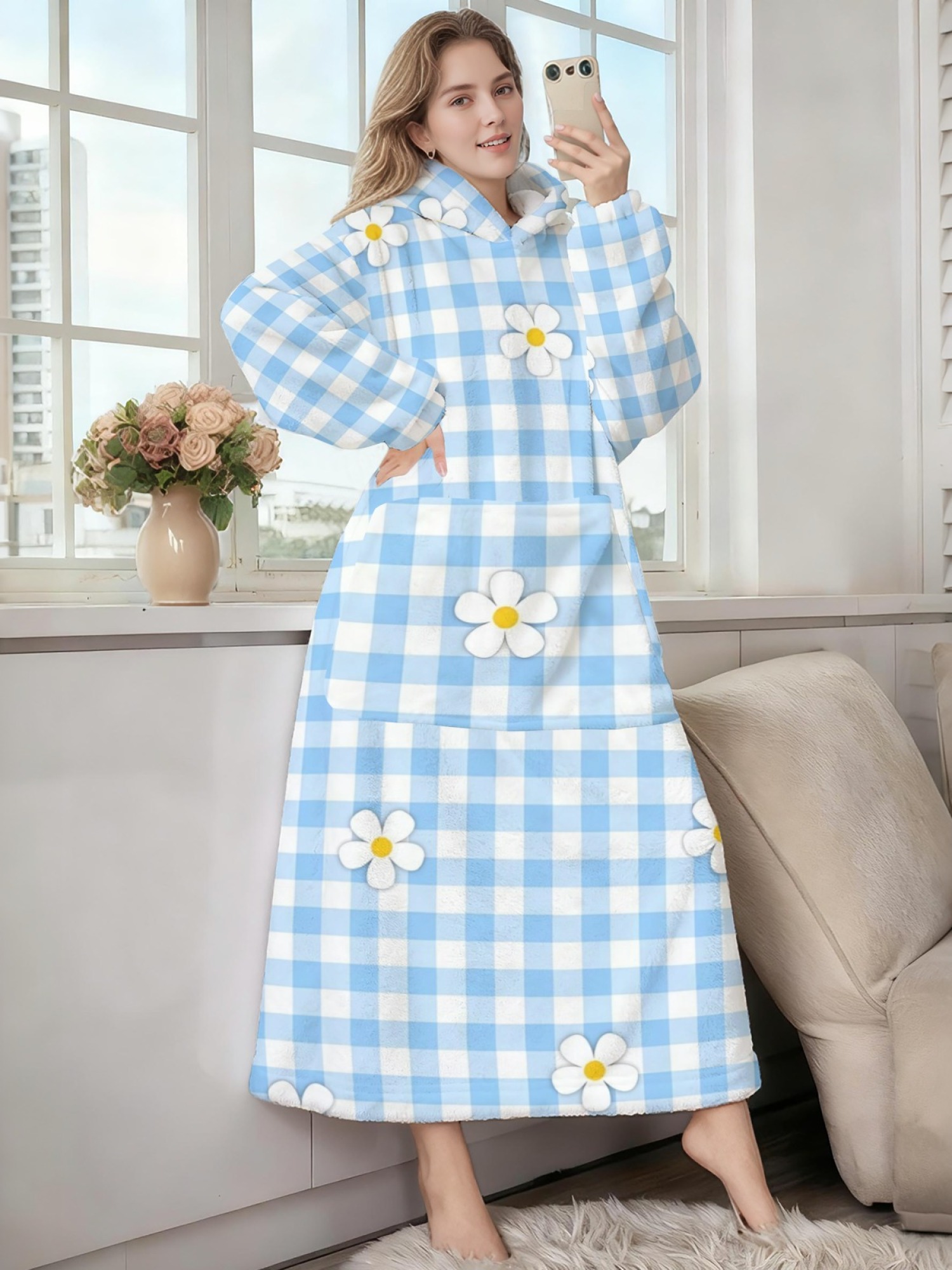 Women's Pastel Blue Floral & Daisy Plaid Printed Flannel Hooded Nightgown - Soft Cozy TV Robe (2 Styles: Blue Flower/Daisy Plaid)