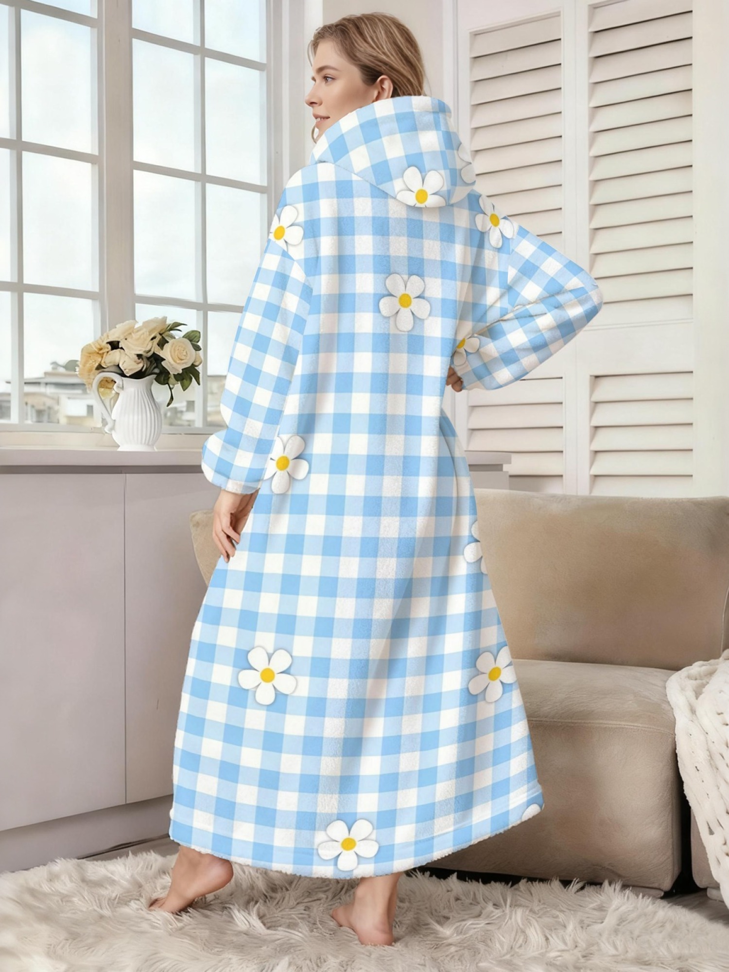 Women's Pastel Blue Floral & Daisy Plaid Printed Flannel Hooded Nightgown - Soft Cozy TV Robe (2 Styles: Blue Flower/Daisy Plaid)