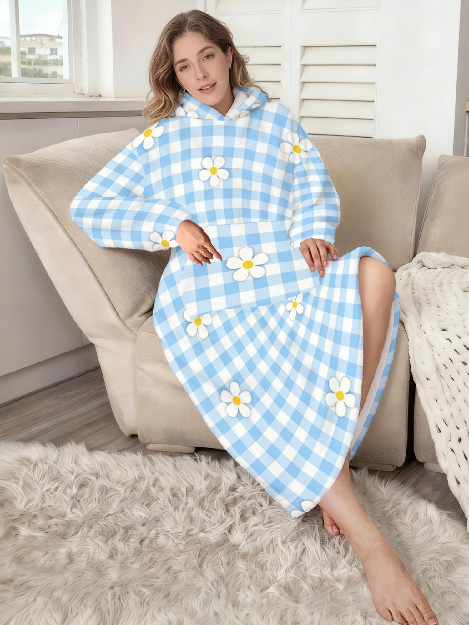 Women's Pastel Blue Floral & Daisy Plaid Printed Flannel Hooded Nightgown - Soft Cozy TV Robe (2 Styles: Blue Flower/Daisy Plaid)