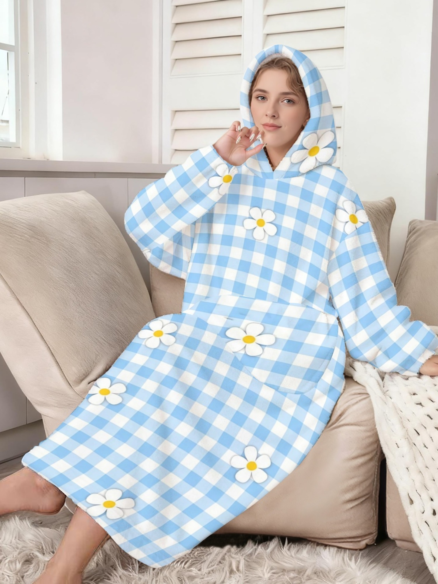 Women's Pastel Blue Floral & Daisy Plaid Printed Flannel Hooded Nightgown - Soft Cozy TV Robe (2 Styles: Blue Flower/Daisy Plaid)