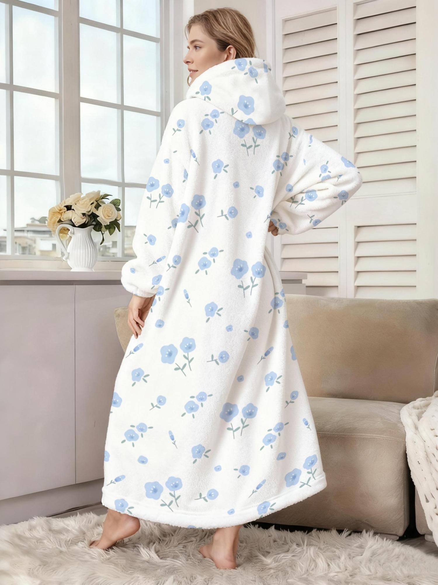 Women's Pastel Blue Floral Printed Flannel Hooded Nightgown - Soft Cozy TV Robe (White)
