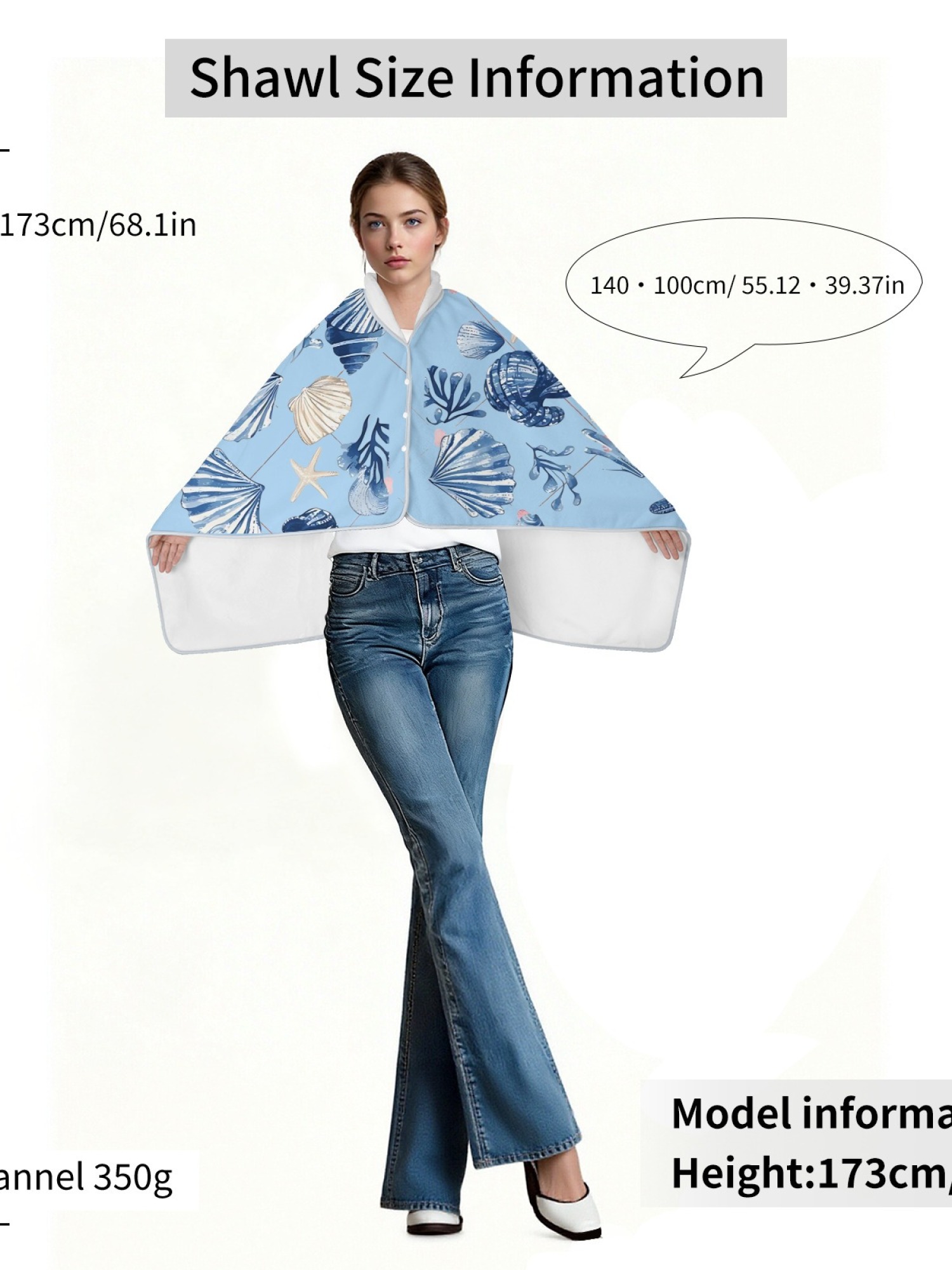 Women's Nautical Seashell Starfish Printed Flannel Throw Shawl - Soft Cozy Blanket (2 Colors: Navy Blue/Light Blue)