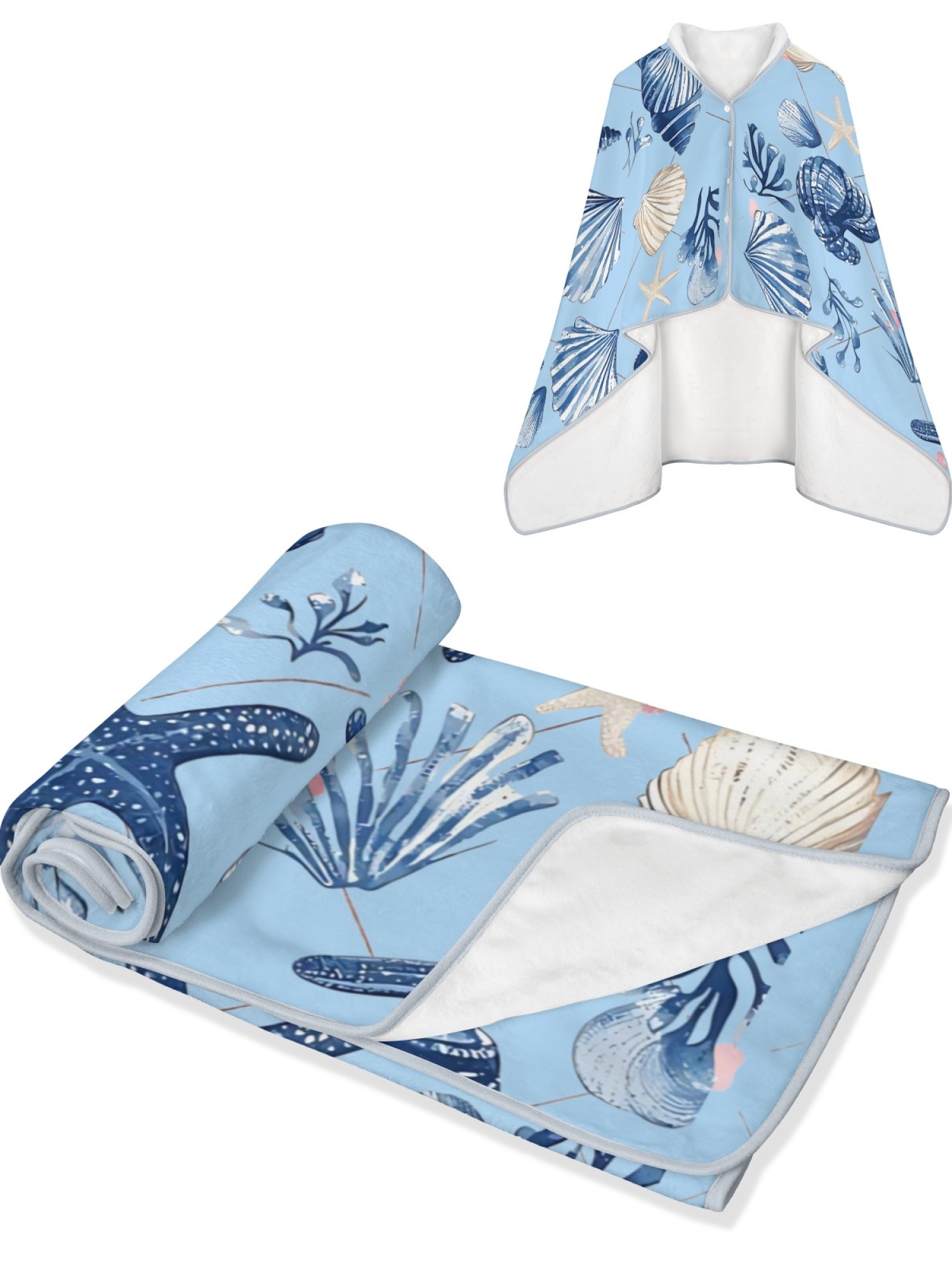Women's Nautical Seashell Starfish Printed Flannel Throw Shawl - Soft Cozy Blanket (2 Colors: Navy Blue/Light Blue)