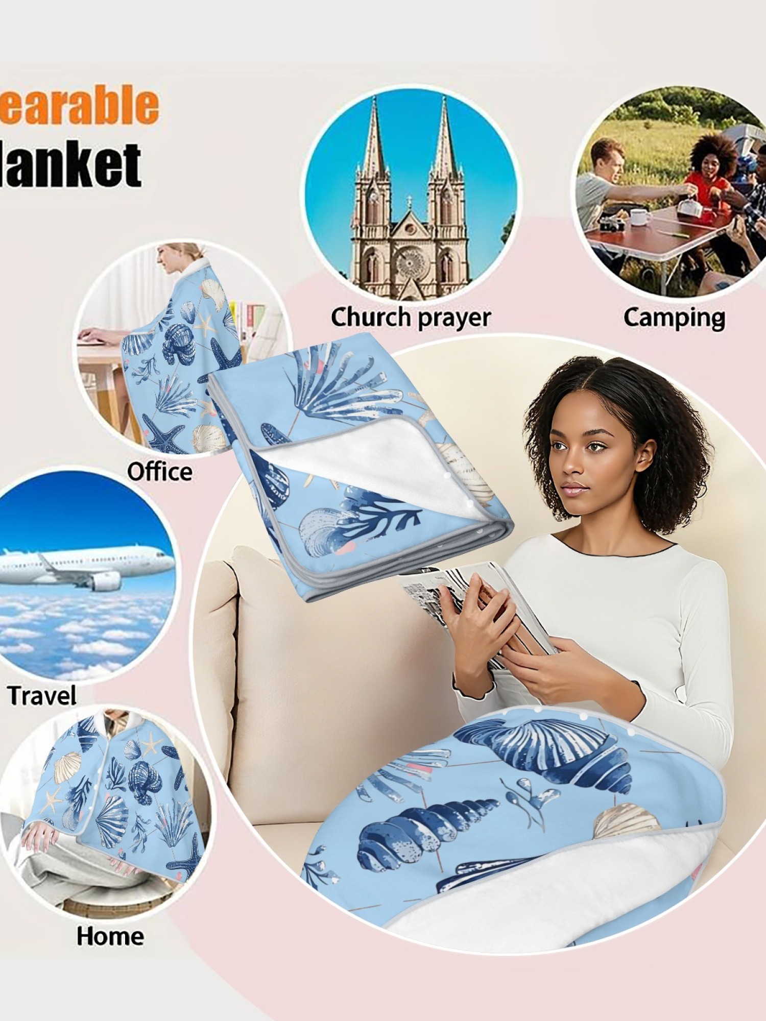 Women's Nautical Seashell Starfish Printed Flannel Throw Shawl - Soft Cozy Blanket (2 Colors: Navy Blue/Light Blue)