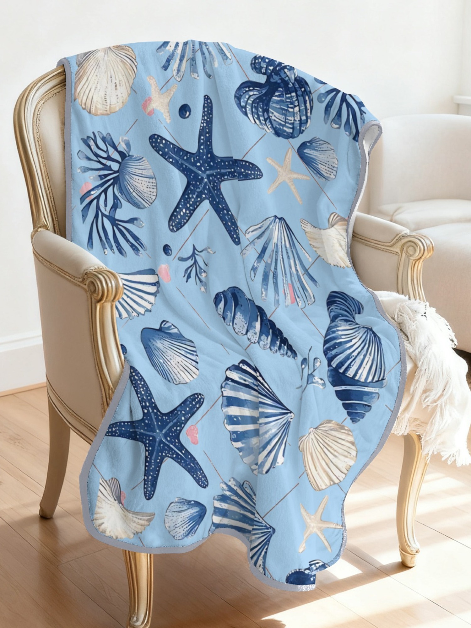 Women's Nautical Seashell Starfish Printed Flannel Throw Shawl - Soft Cozy Blanket (2 Colors: Navy Blue/Light Blue)
