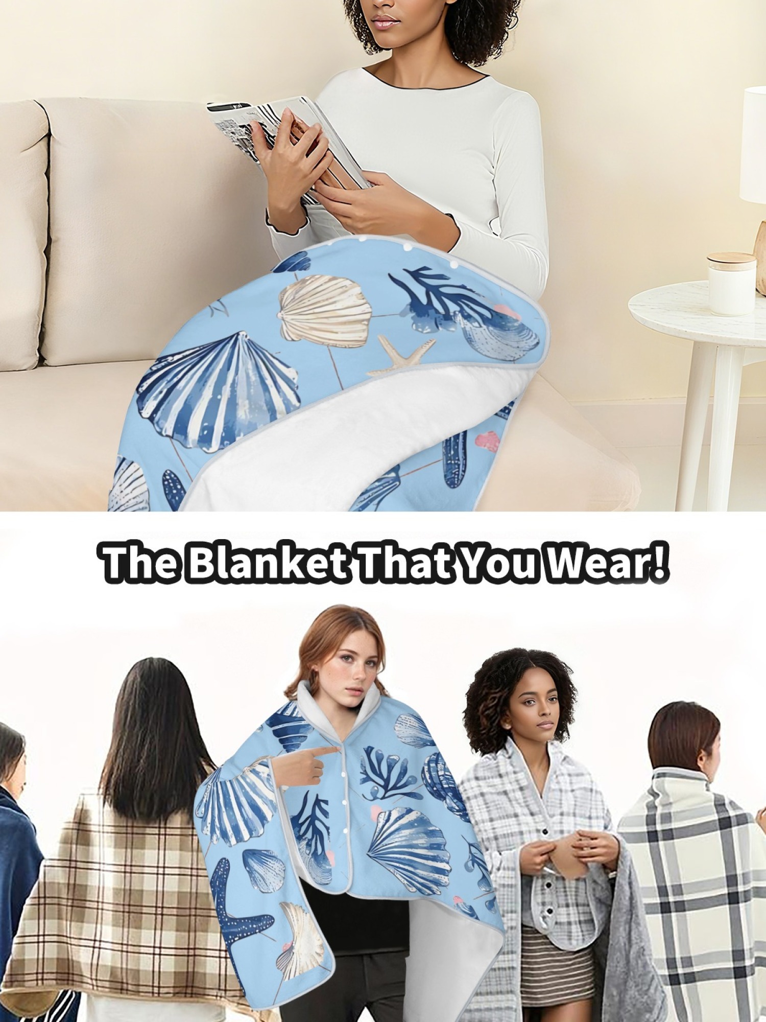 Women's Nautical Seashell Starfish Printed Flannel Throw Shawl - Soft Cozy Blanket (2 Colors: Navy Blue/Light Blue)