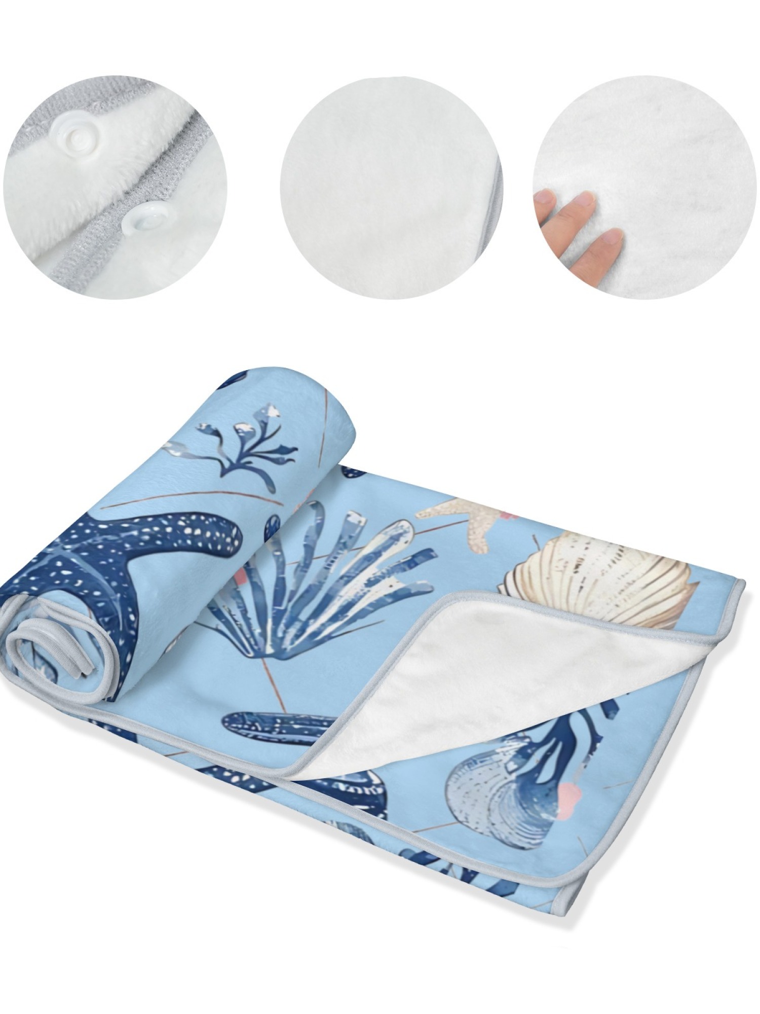 Women's Nautical Seashell Starfish Printed Flannel Throw Shawl - Soft Cozy Blanket (2 Colors: Navy Blue/Light Blue)