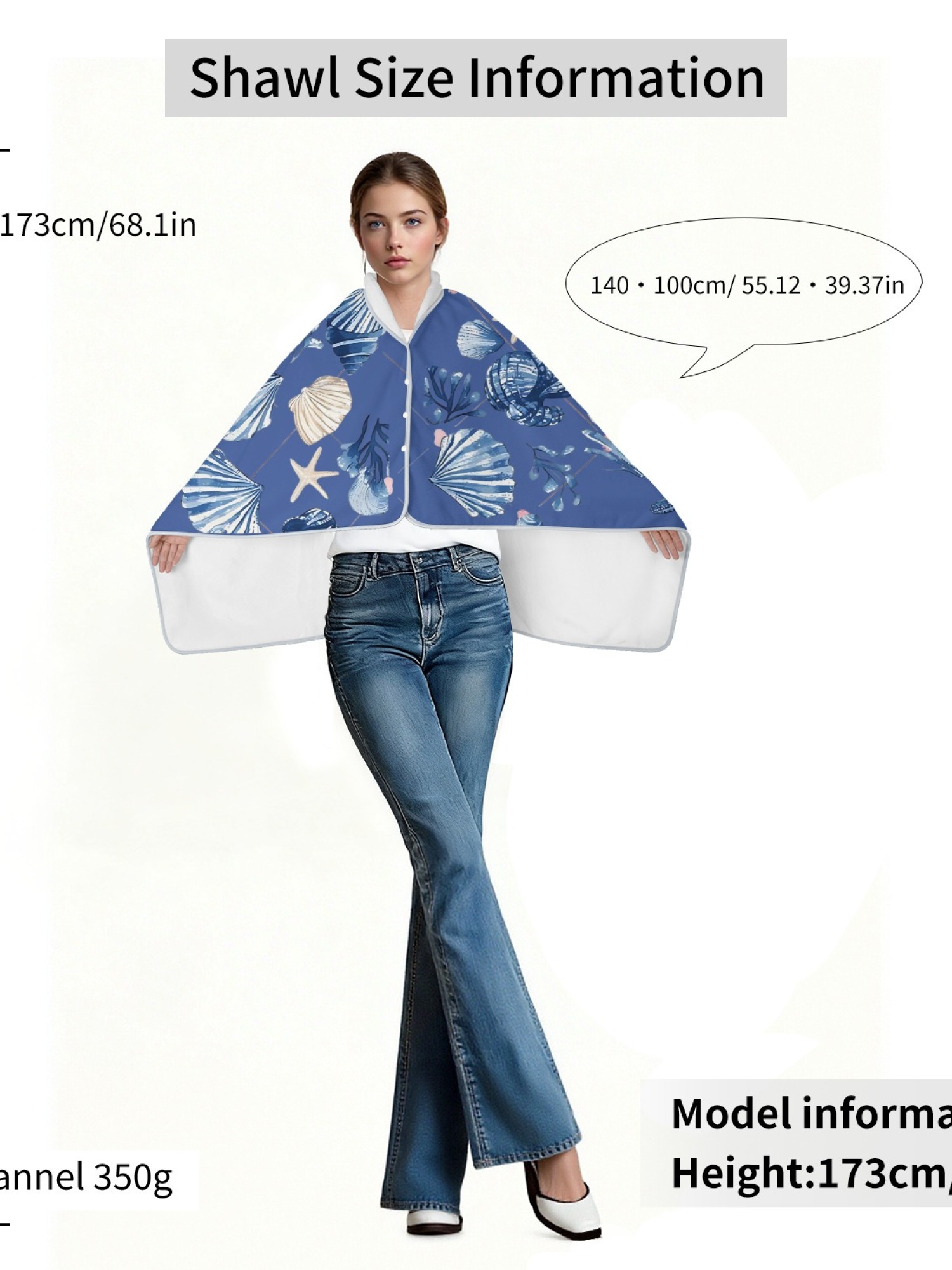 Women's Nautical Seashell Starfish Printed Flannel Throw Shawl - Soft Cozy Blanket (2 Colors: Navy Blue/Light Blue)