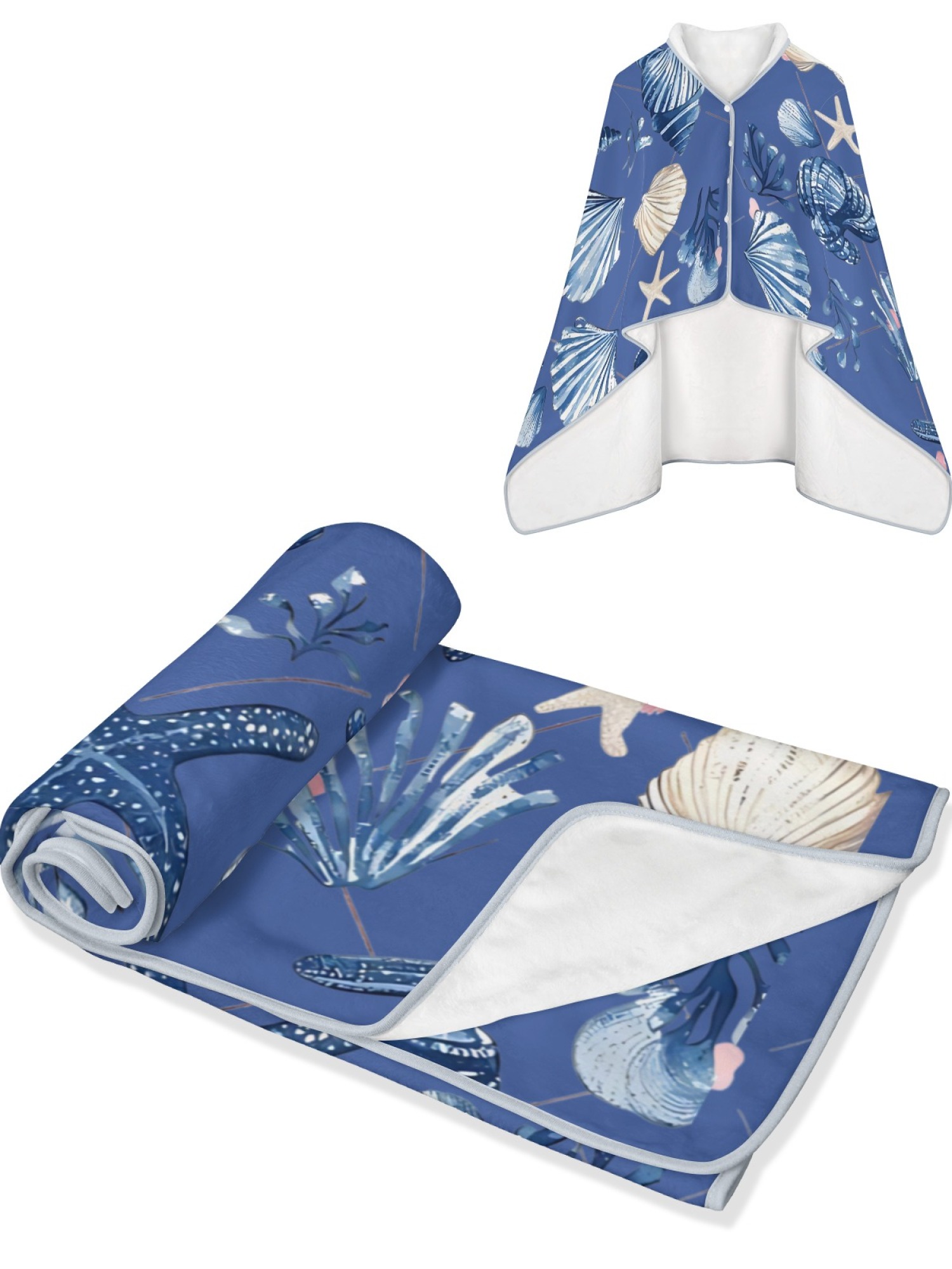 Women's Nautical Seashell Starfish Printed Flannel Throw Shawl - Soft Cozy Blanket (2 Colors: Navy Blue/Light Blue)