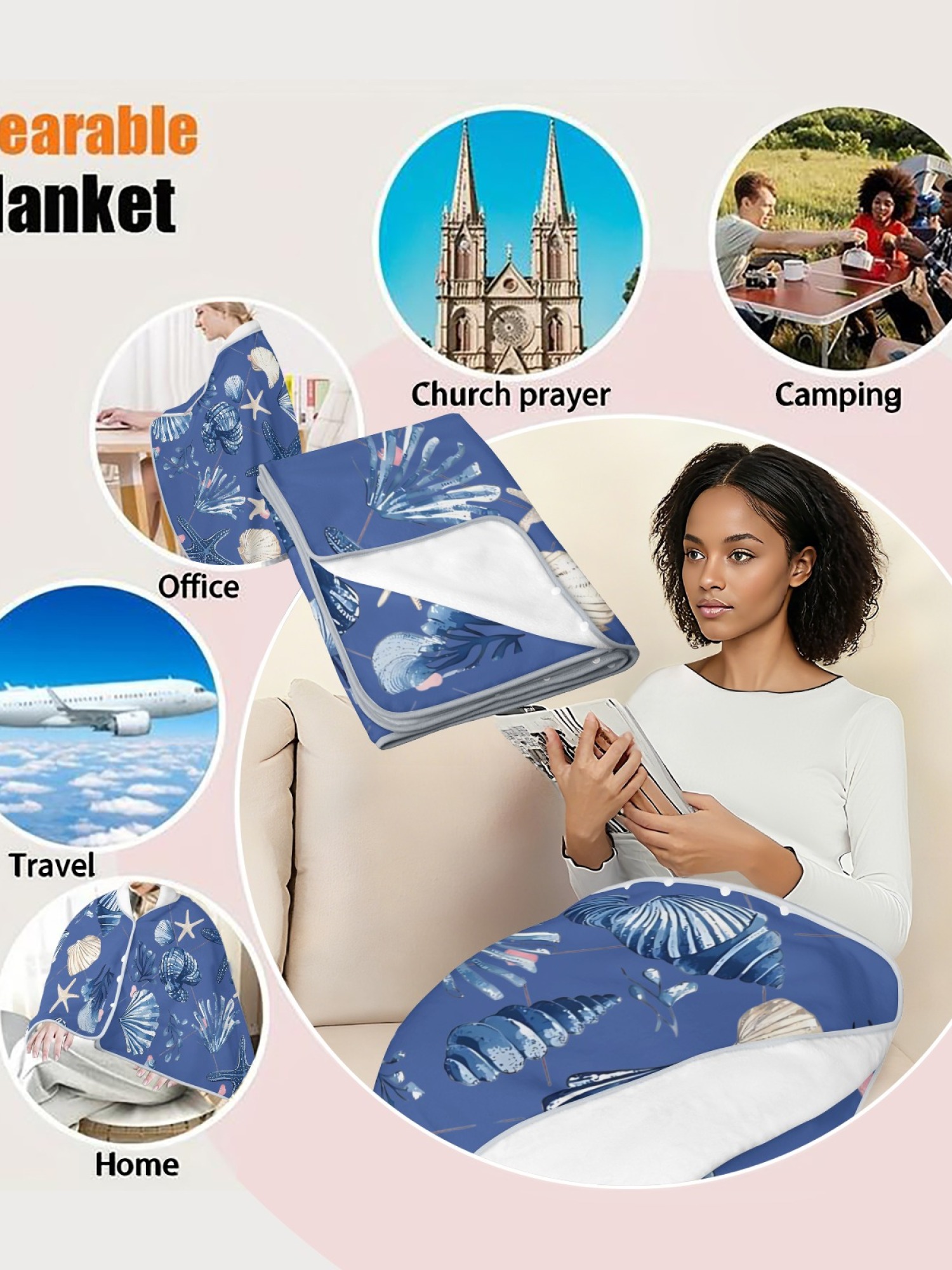 Women's Nautical Seashell Starfish Printed Flannel Throw Shawl - Soft Cozy Blanket (2 Colors: Navy Blue/Light Blue)