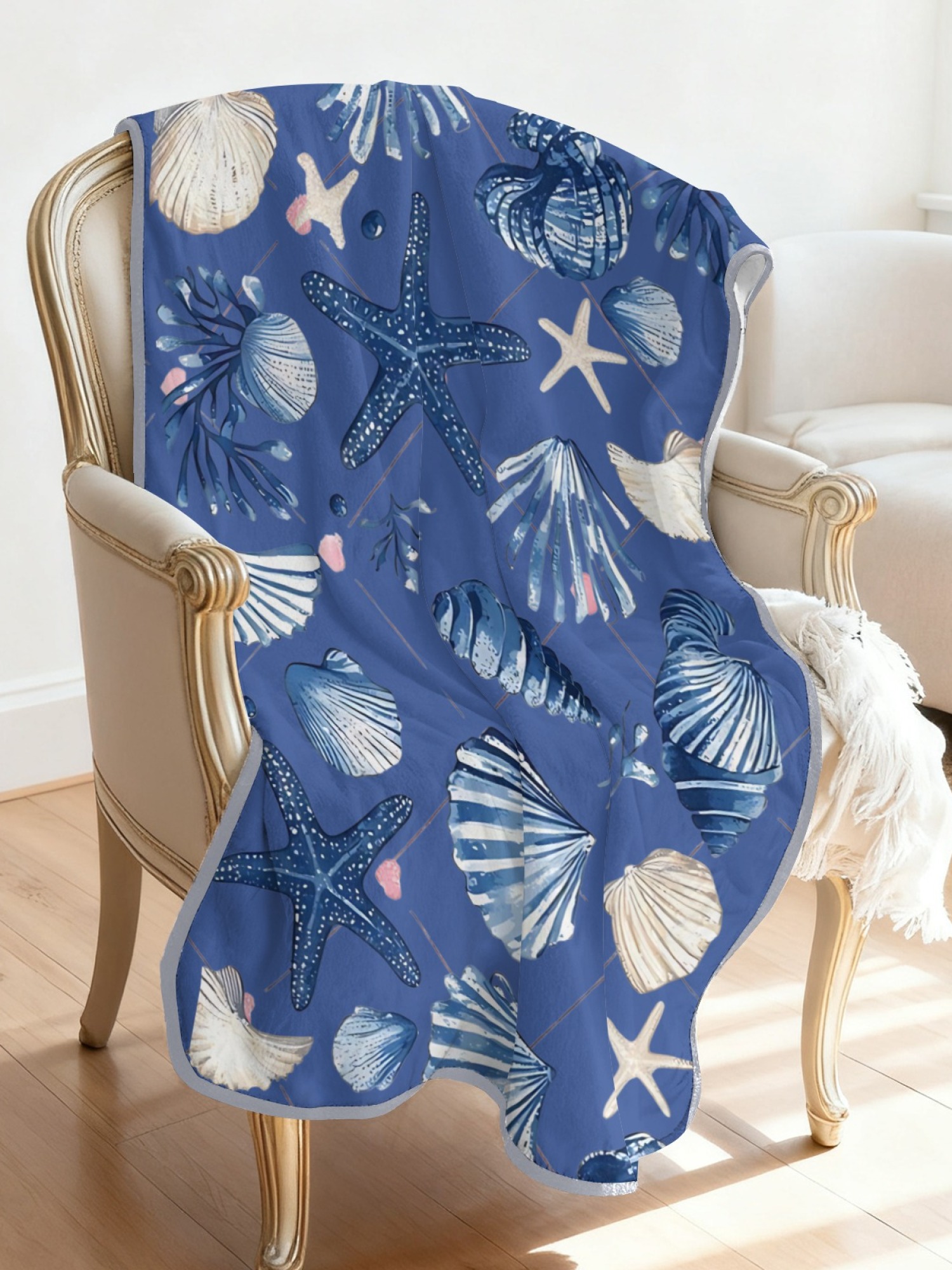Women's Nautical Seashell Starfish Printed Flannel Throw Shawl - Soft Cozy Blanket (2 Colors: Navy Blue/Light Blue)