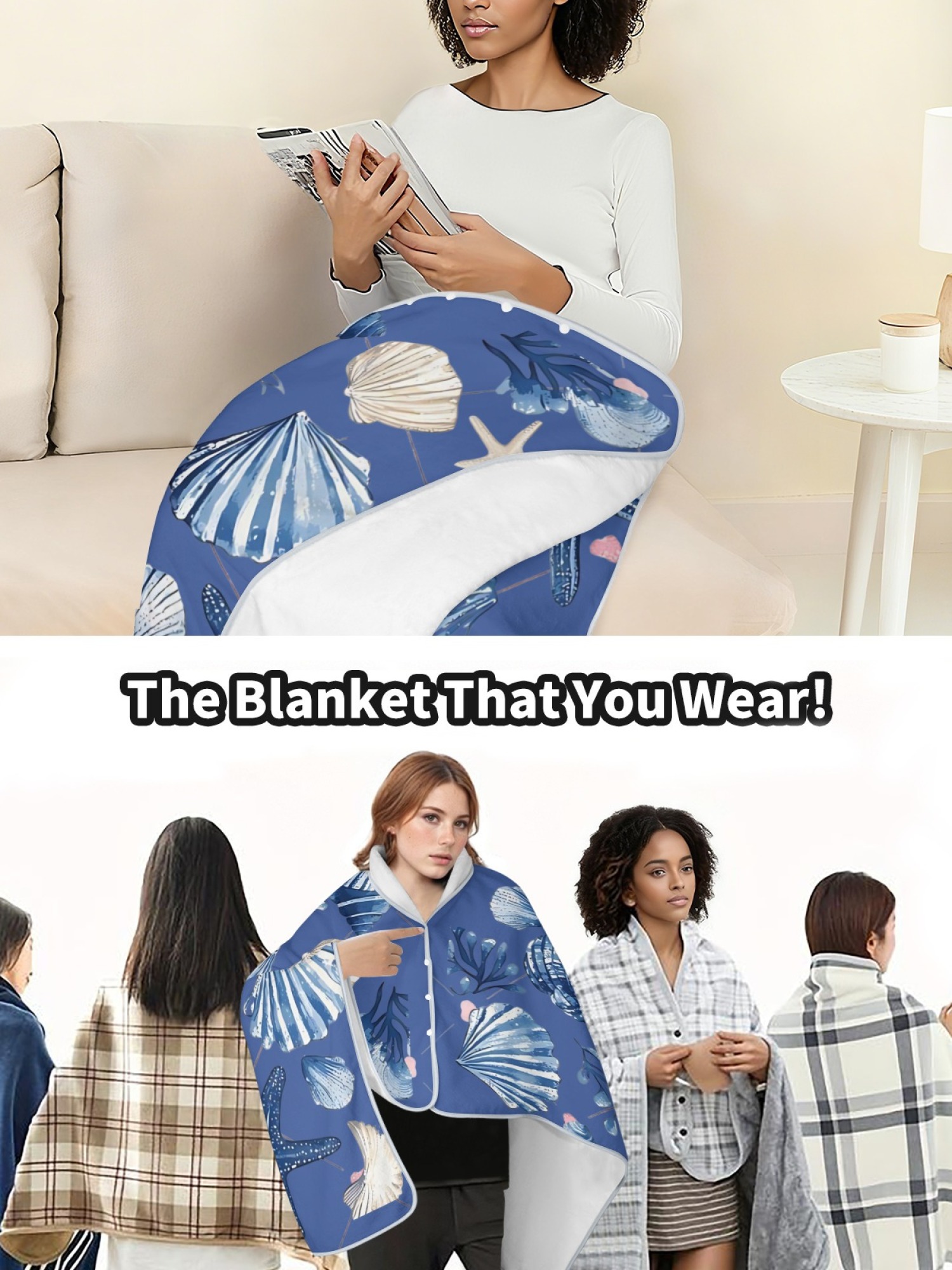 Women's Nautical Seashell Starfish Printed Flannel Throw Shawl - Soft Cozy Blanket (2 Colors: Navy Blue/Light Blue)