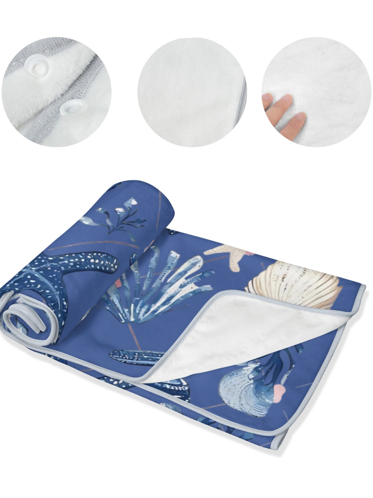 Women's Nautical Seashell Starfish Printed Flannel Throw Shawl - Soft Cozy Blanket (2 Colors: Navy Blue/Light Blue)