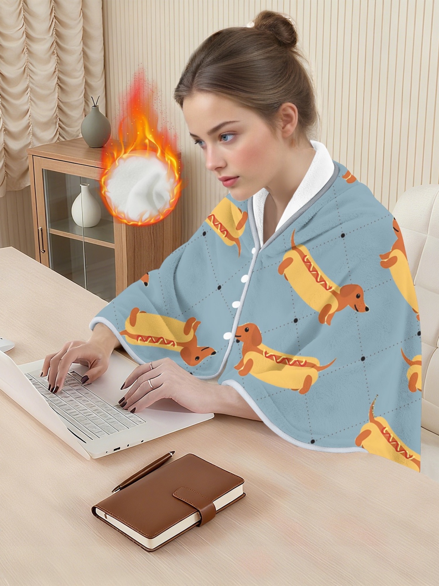 Women's Funny Hot Dog Dachshund Printed Flannel Throw Shawl - Soft Cozy Blanket (3 Colors: Light Blue/Light Grey/Pink)