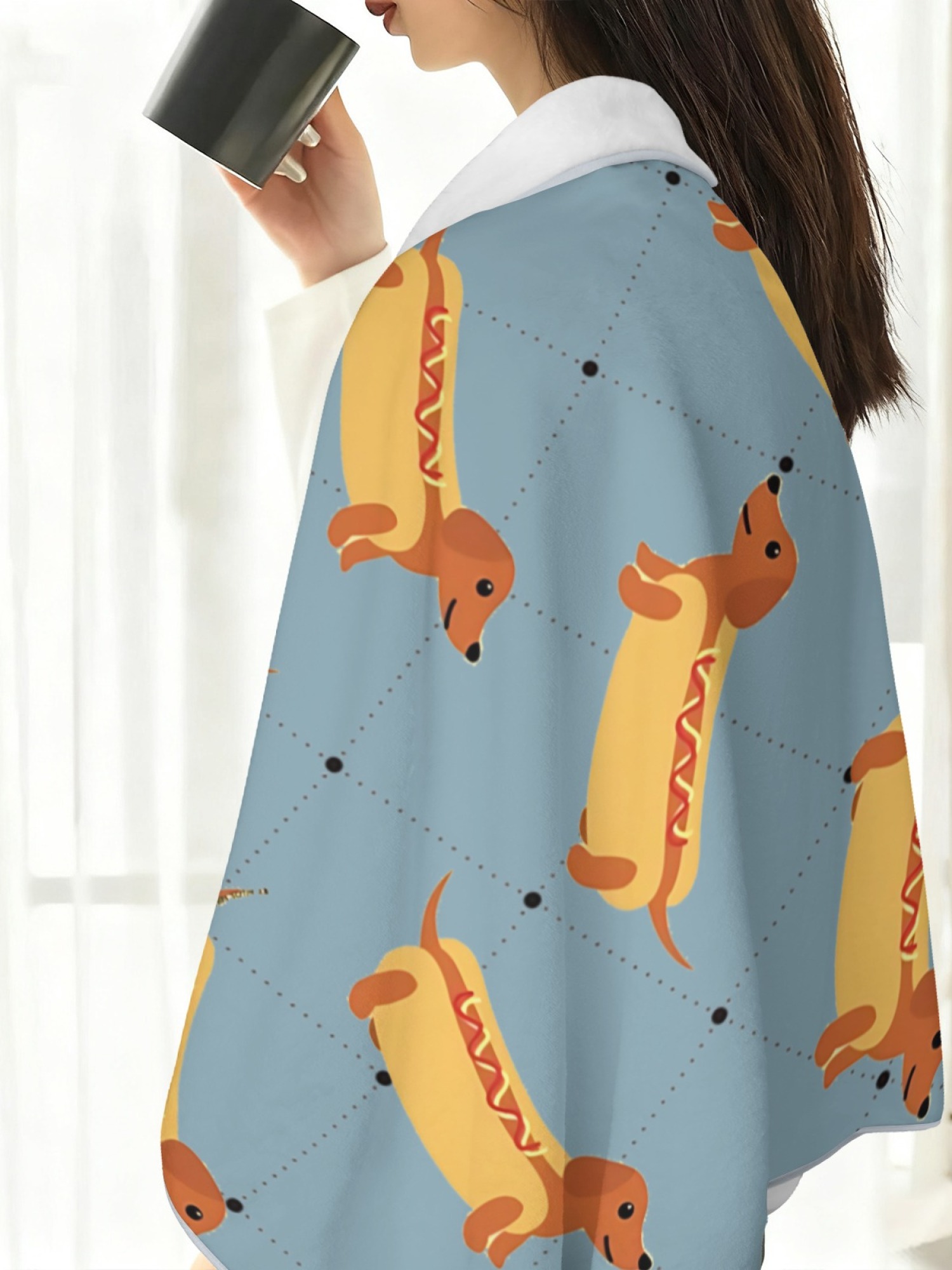 Women's Funny Hot Dog Dachshund Printed Flannel Throw Shawl - Soft Cozy Blanket (3 Colors: Light Blue/Light Grey/Pink)