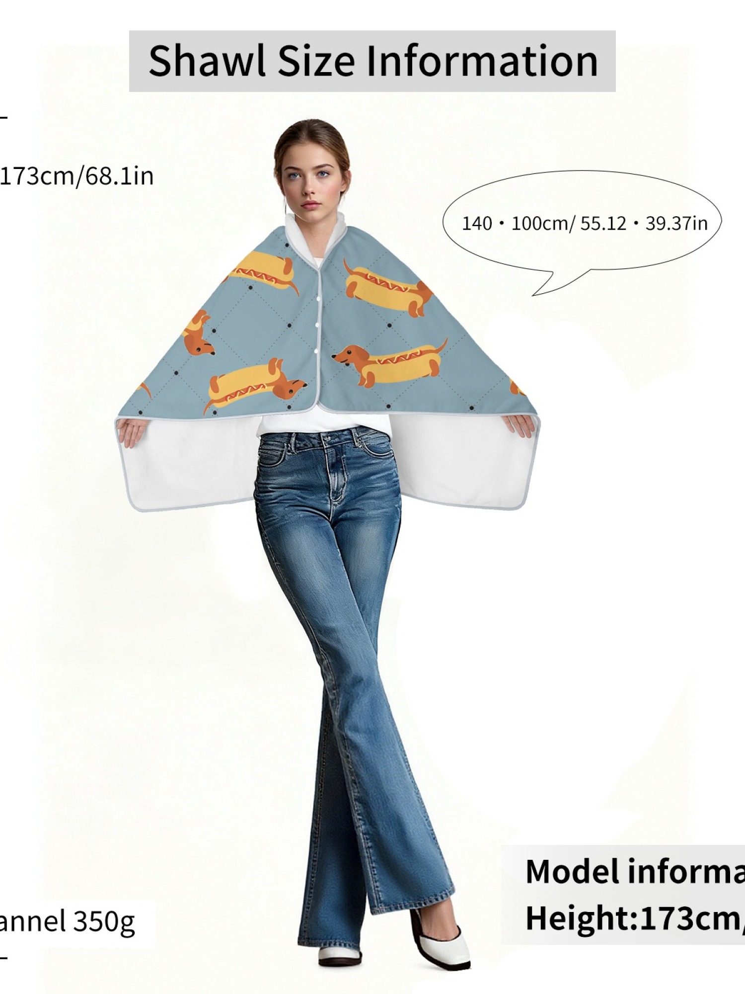 Women's Funny Hot Dog Dachshund Printed Flannel Throw Shawl - Soft Cozy Blanket (3 Colors: Light Blue/Light Grey/Pink)