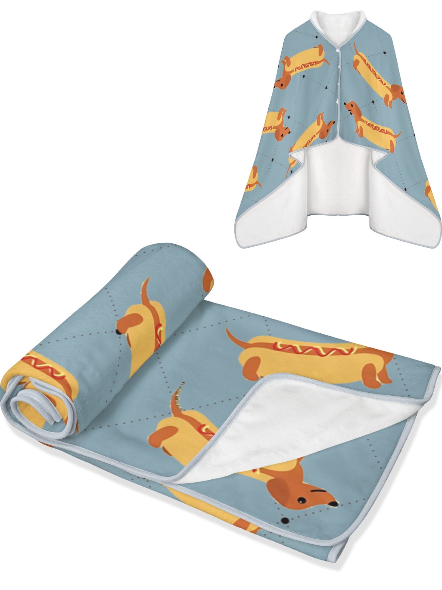 Women's Funny Hot Dog Dachshund Printed Flannel Throw Shawl - Soft Cozy Blanket (3 Colors: Light Blue/Light Grey/Pink)