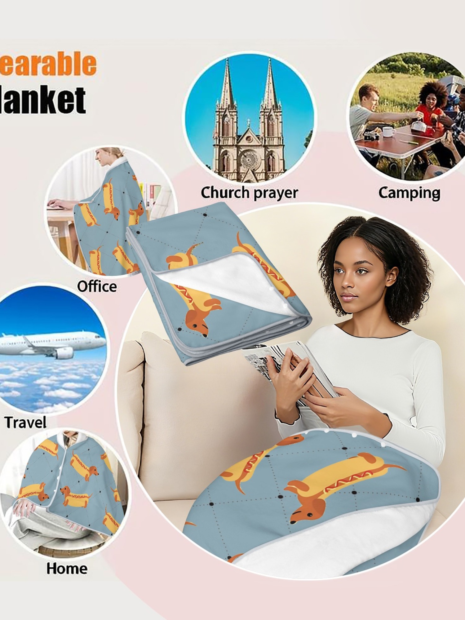 Women's Funny Hot Dog Dachshund Printed Flannel Throw Shawl - Soft Cozy Blanket (3 Colors: Light Blue/Light Grey/Pink)