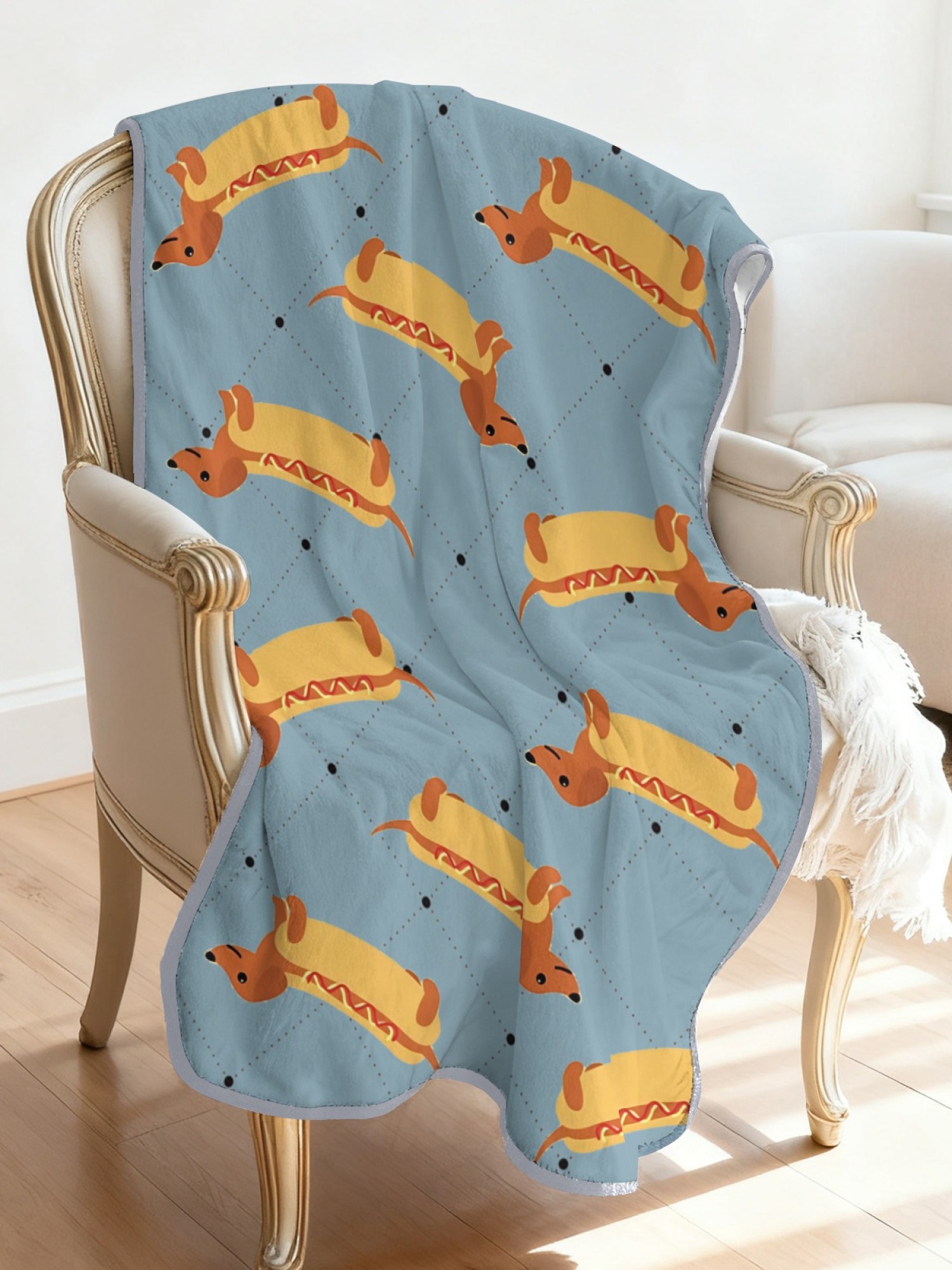 Women's Funny Hot Dog Dachshund Printed Flannel Throw Shawl - Soft Cozy Blanket (3 Colors: Light Blue/Light Grey/Pink)